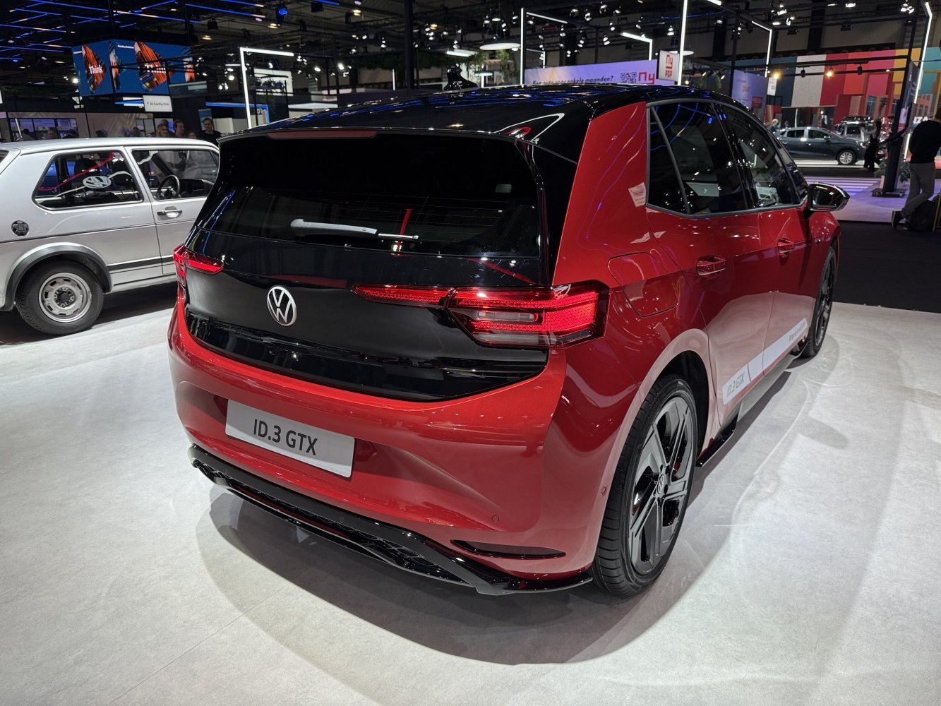 Rear view of modern electric hatchback with updated taillights and sporty rear design