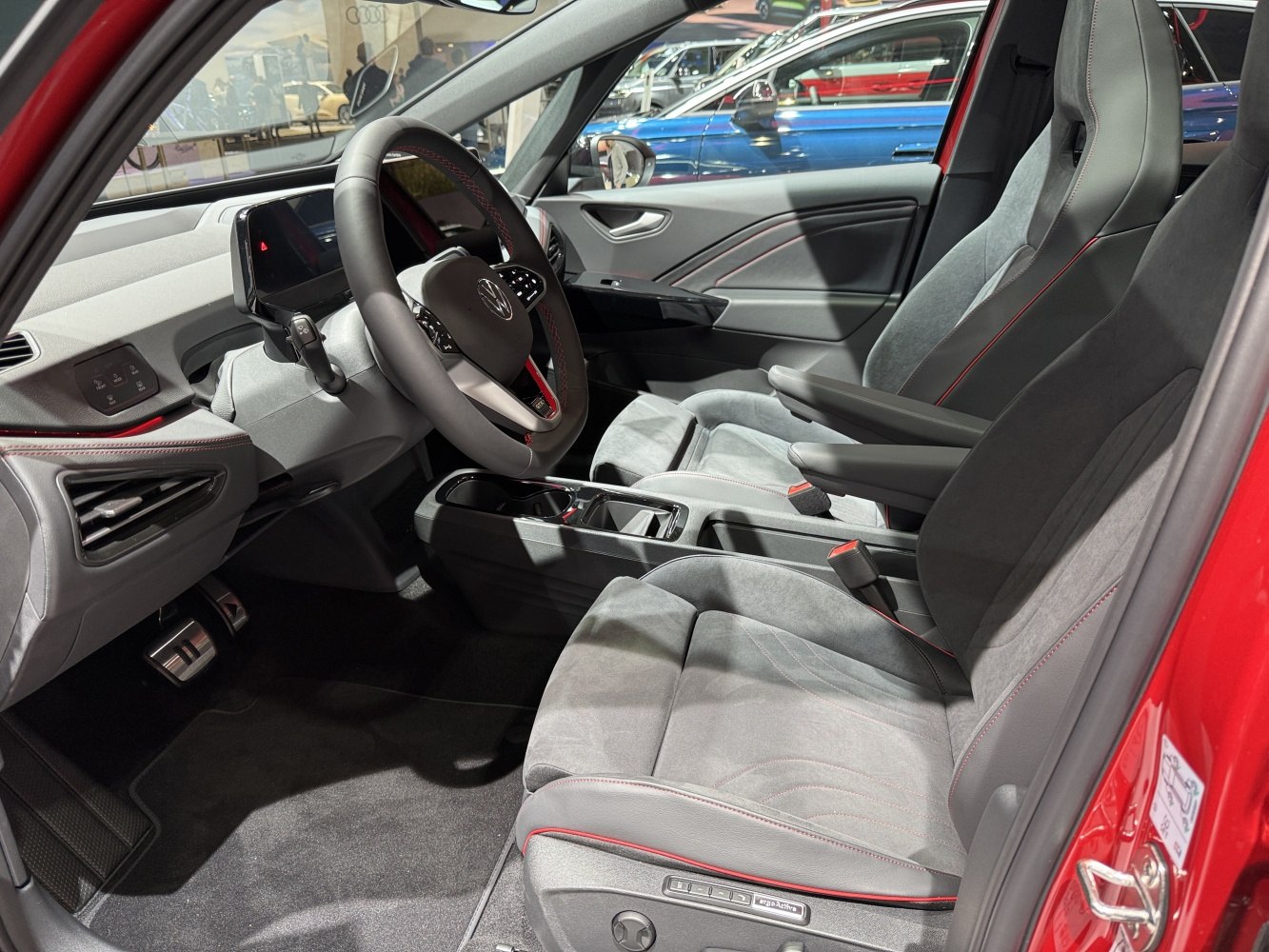 Modern car interior with digital displays and sport seats