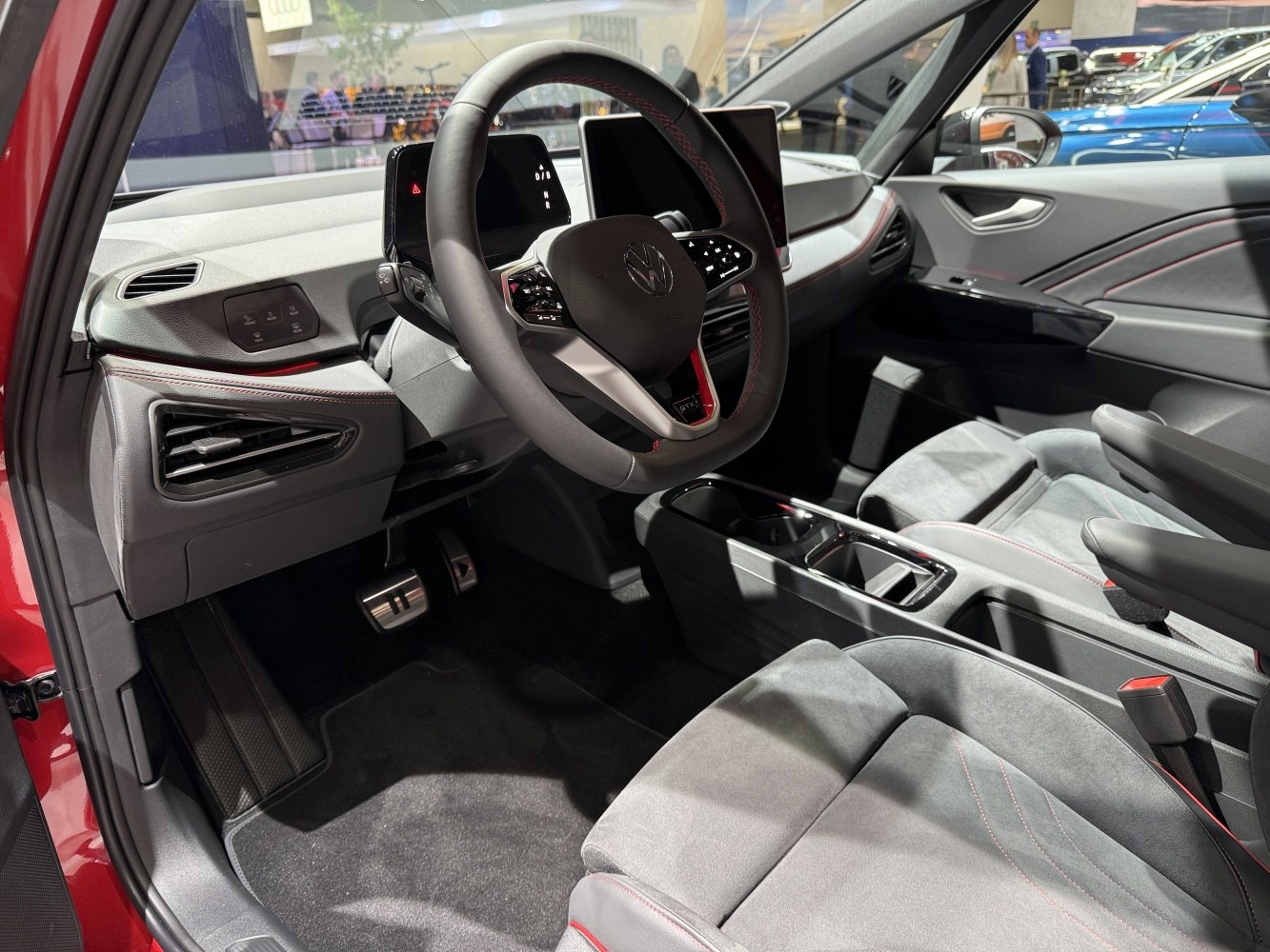 Digital dashboard and ergonomic steering wheel in modern electric car interior