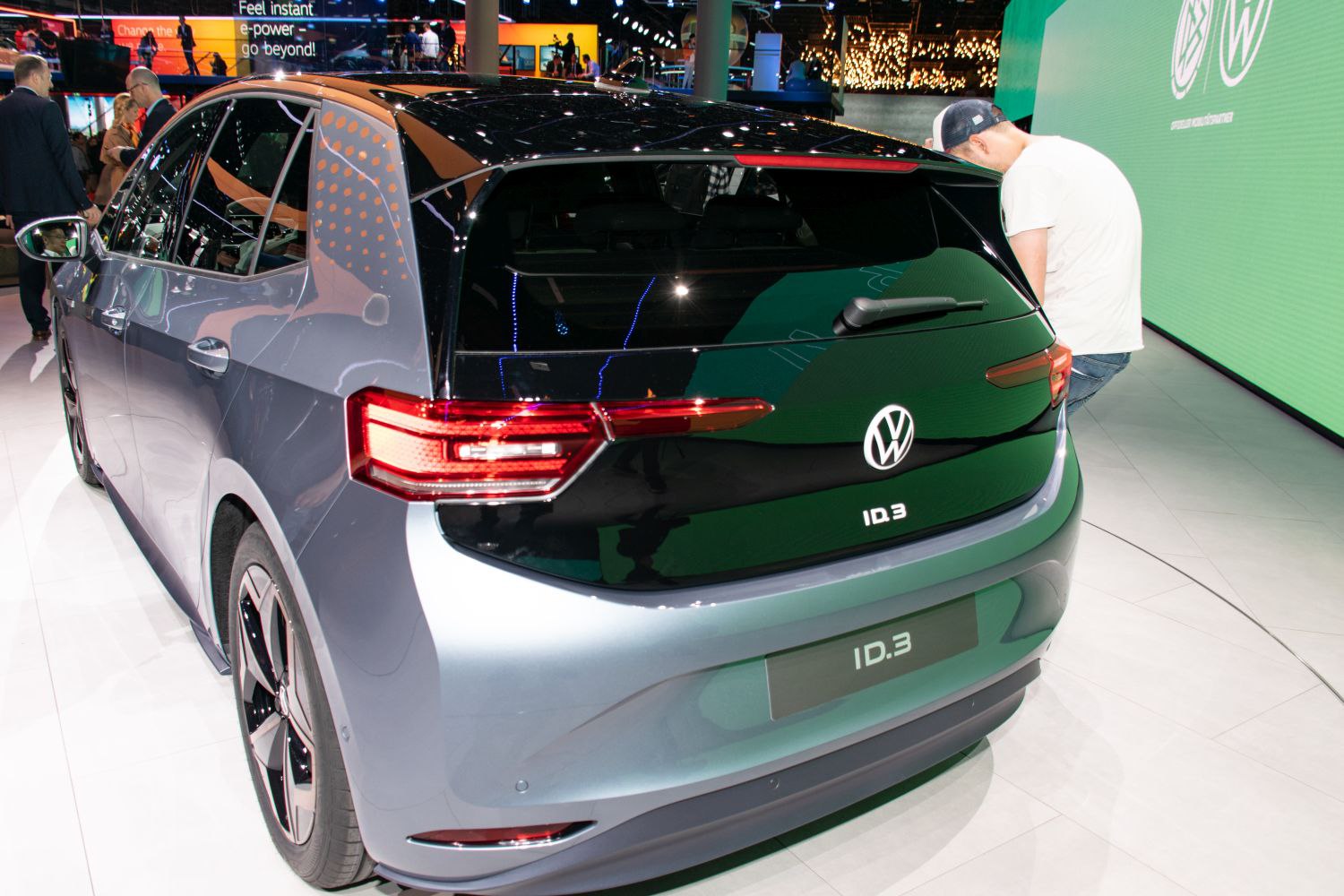 Rear view of electric hatchback with distinctive LED tail lights.