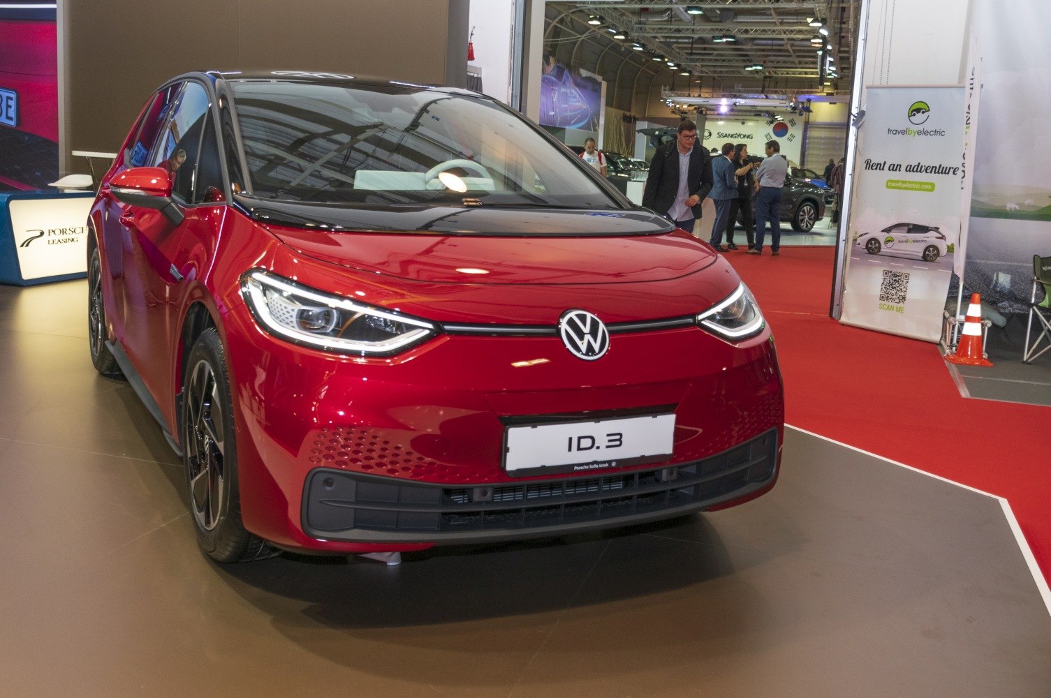 Front view of an electric hatchback with LED headlights and sleek design
