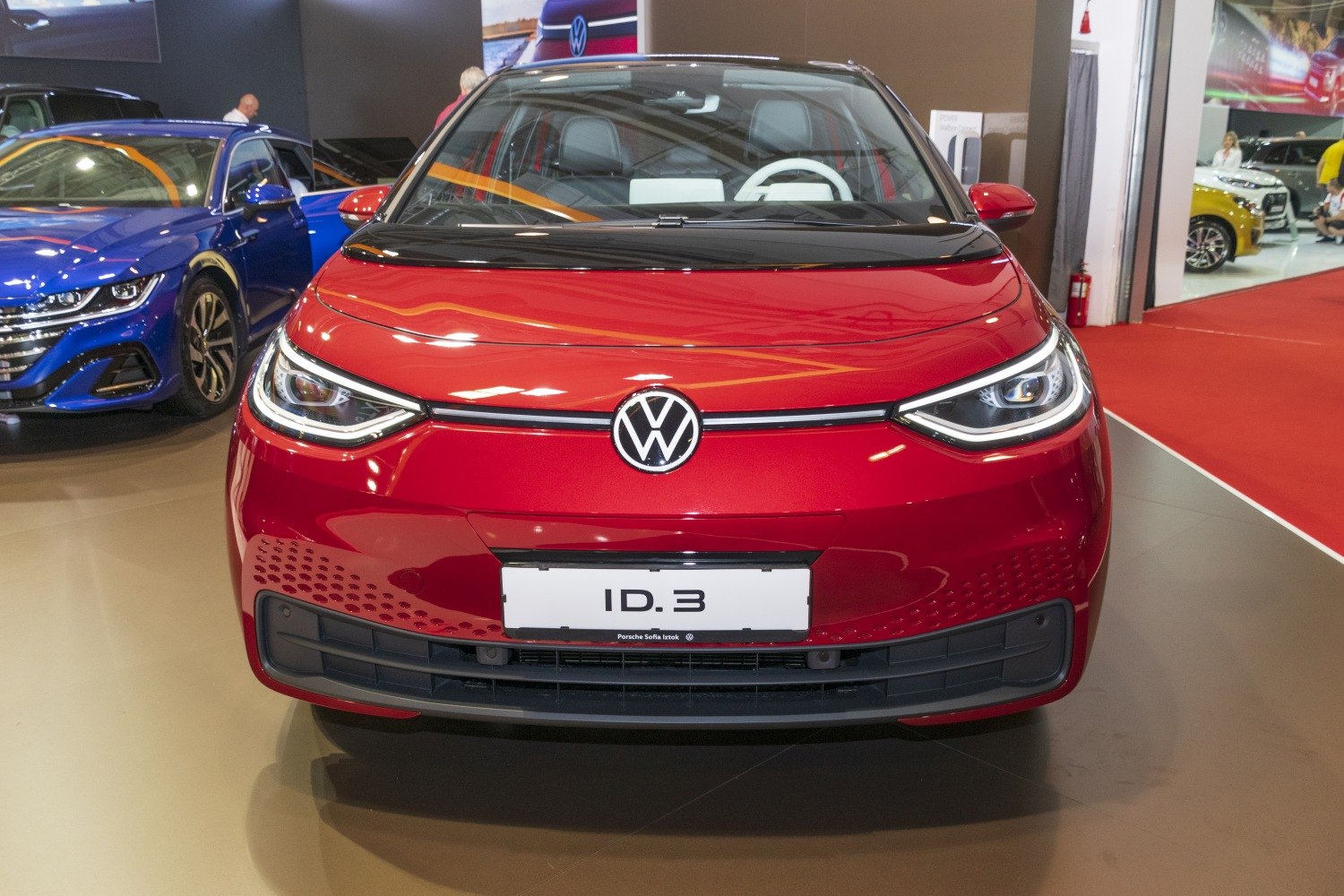 Front view of Volkswagen ID.3 with LED headlights and sleek design