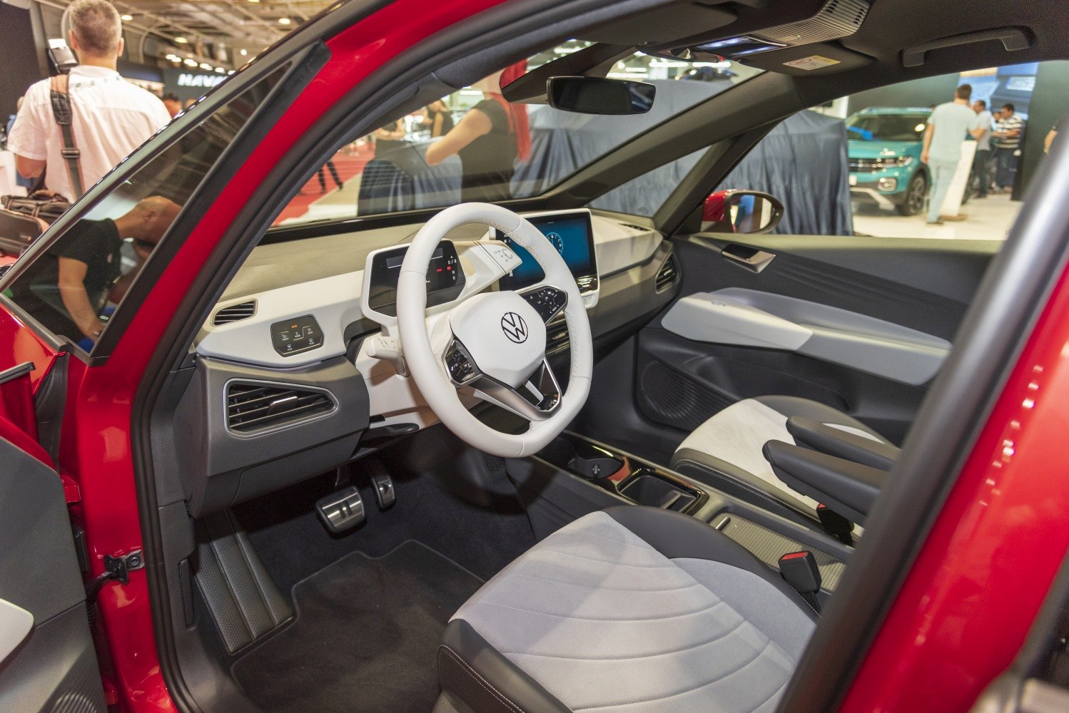 Electric car interior with digital dash and steering wheel