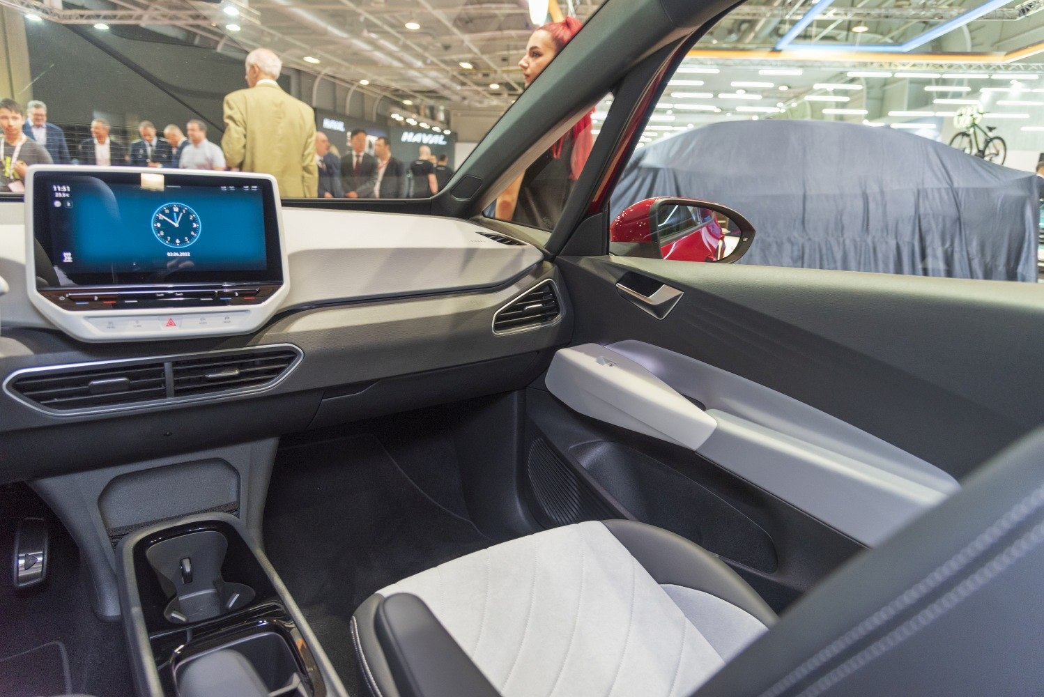 Modern car interior dashboard and door panel with infotainment screen