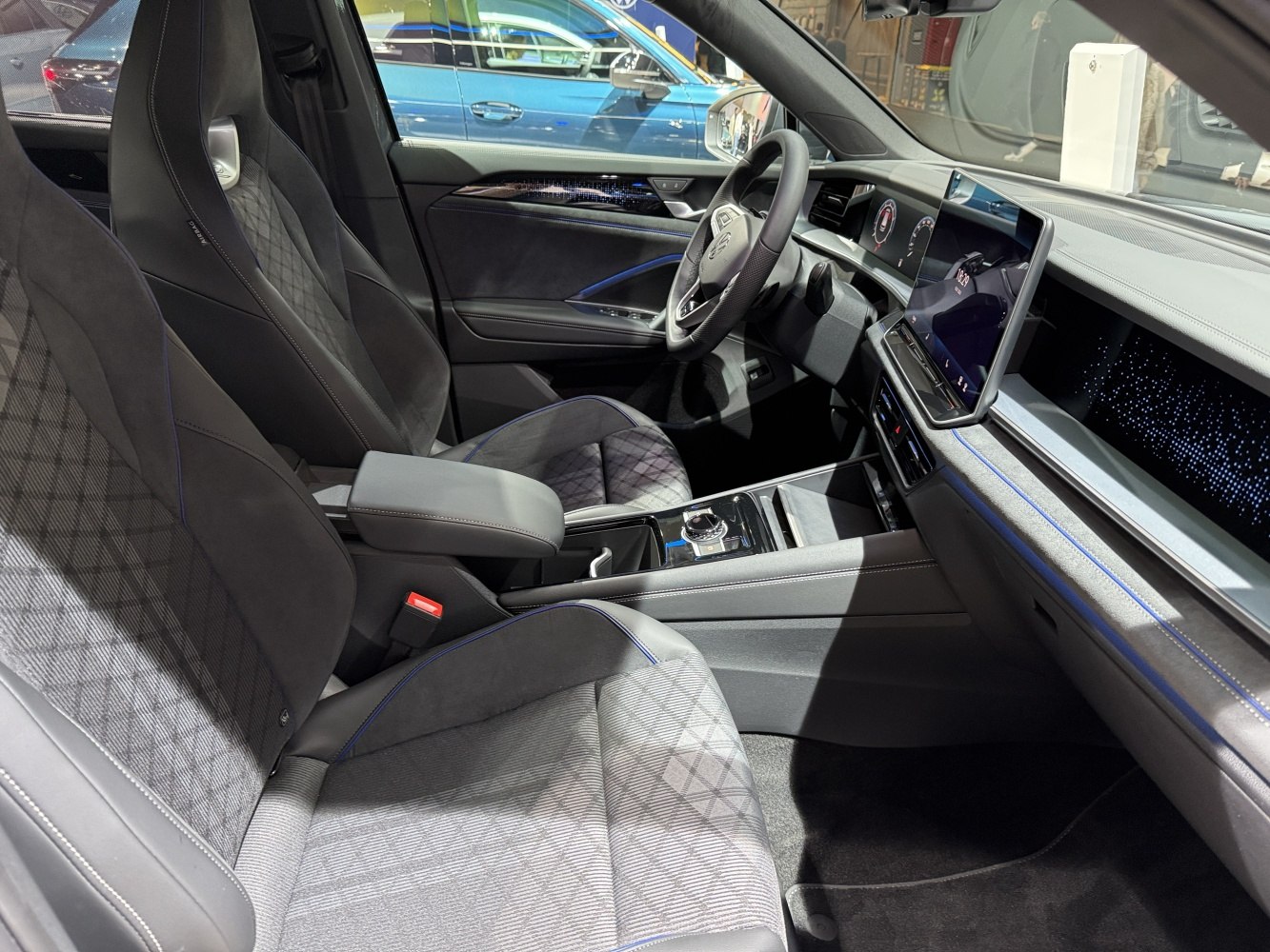 Modern car interior with digital cockpit and touchscreen infotainment