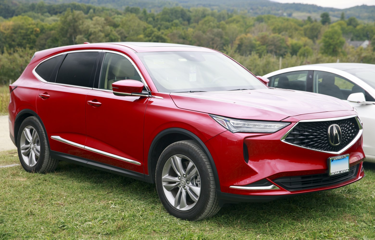 Front grille and LED headlights of a red SUV