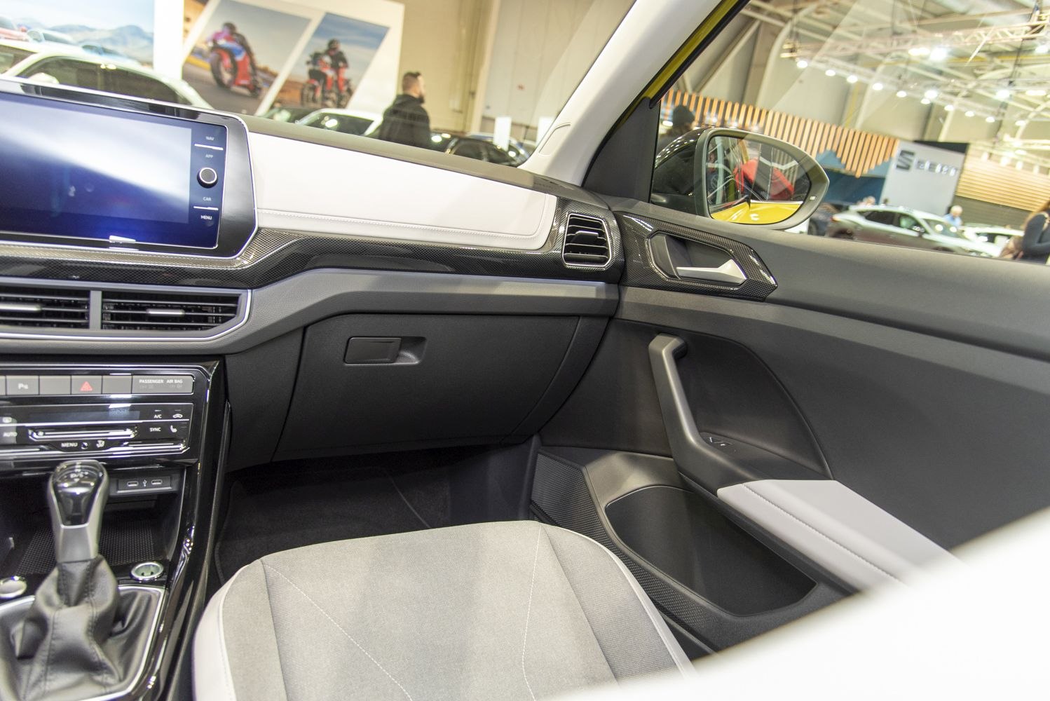 Modern car interior with touchscreen infotainment and gear shift