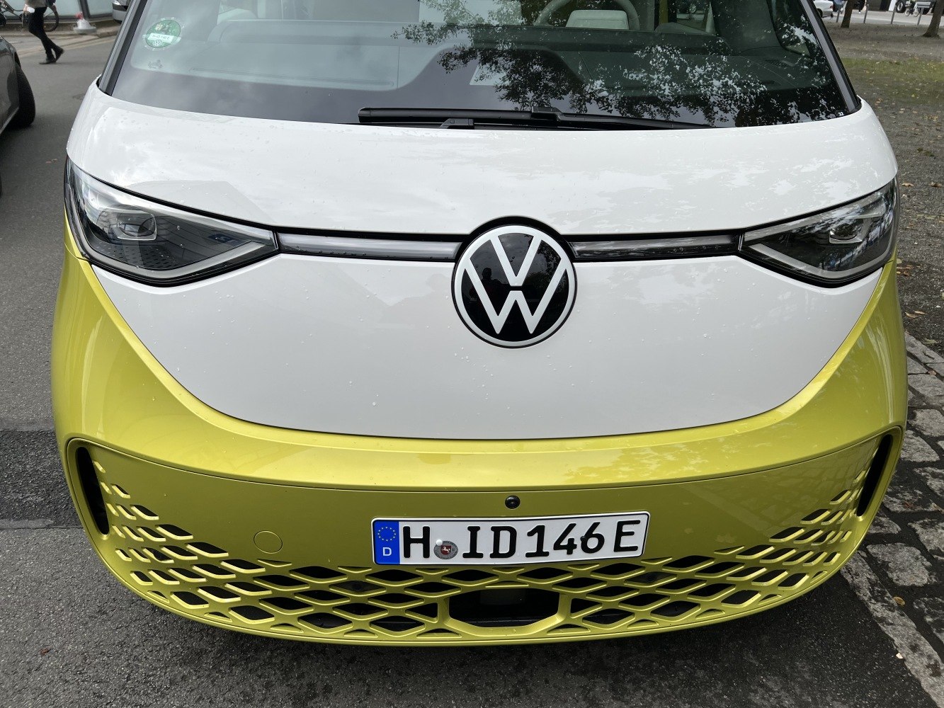 Close-up of front fascia with headlights, grille, and VW logo