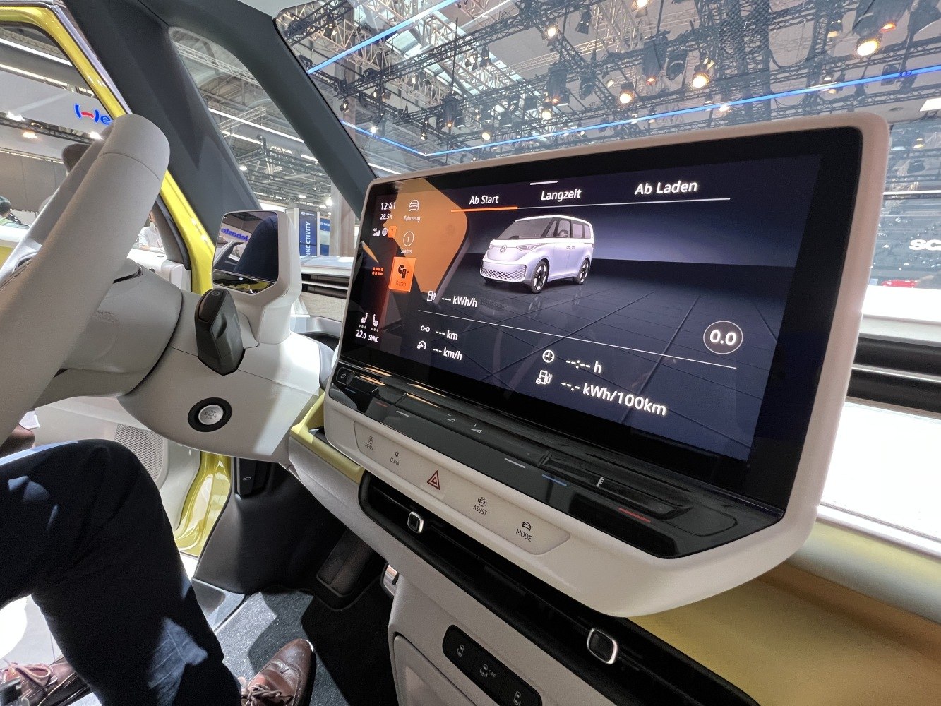 Digital dashboard touchscreen with futuristic interface and steering controls