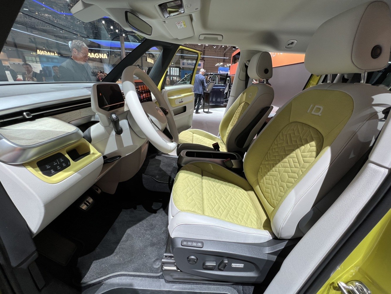 Modern car interior with quilted seats and digital dashboard