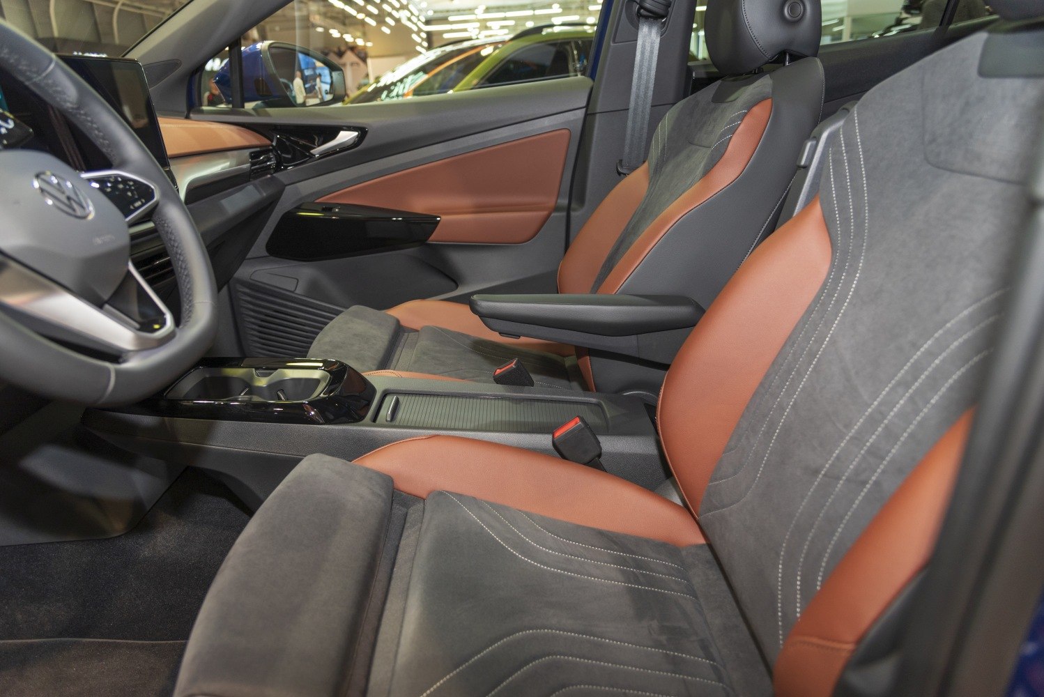 Modern car interior with two-tone seats and dashboard design