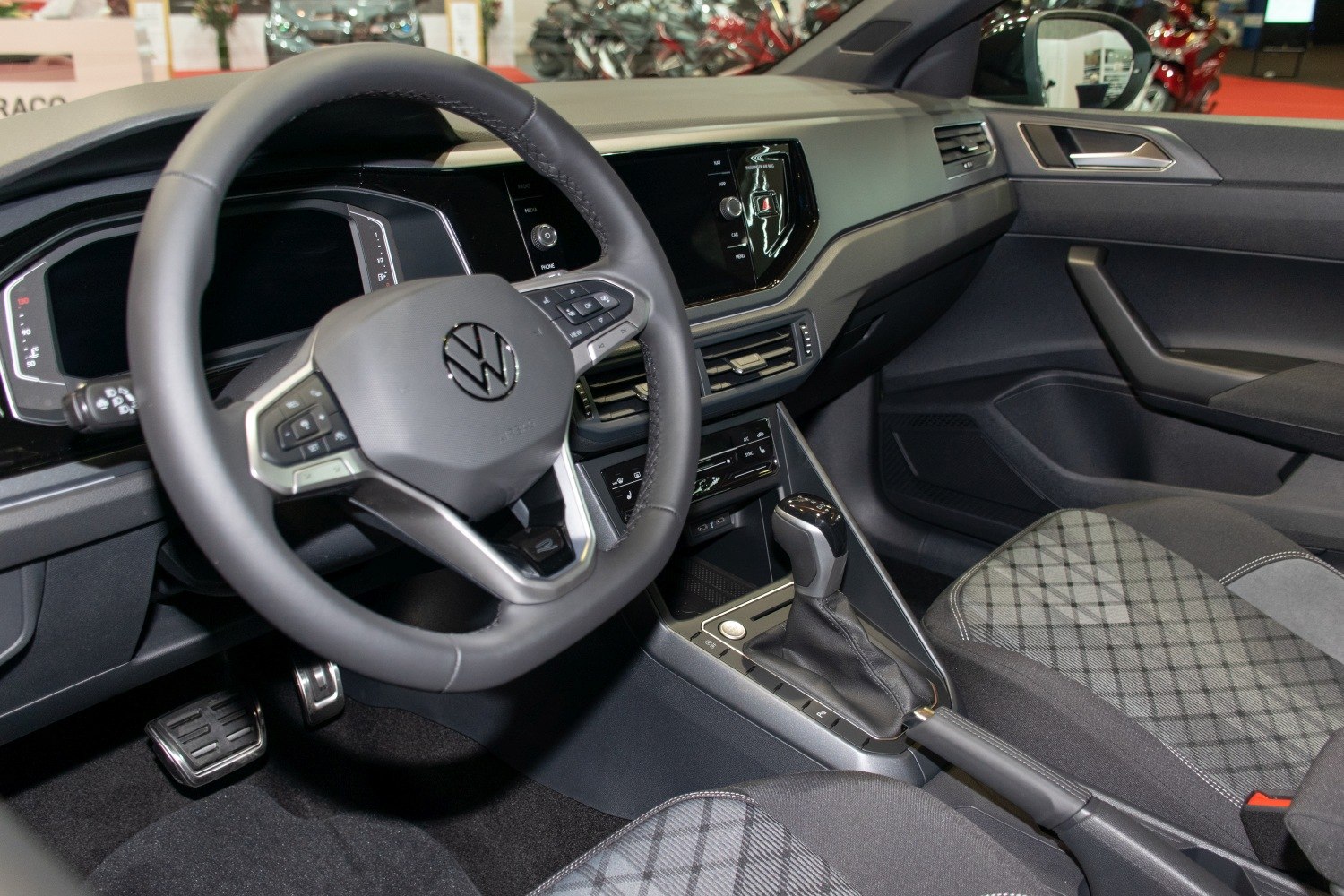 Modern interior cockpit with digital dashboard and multifunction steering wheel