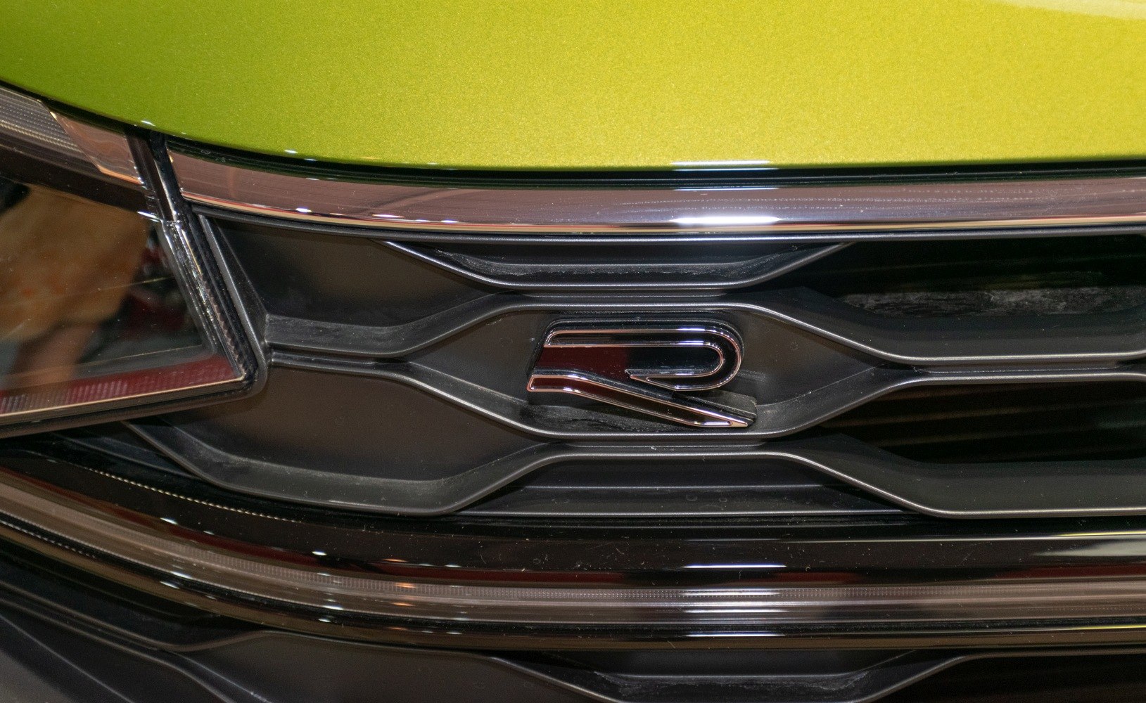 Close-up of car front grille with metallic R badge