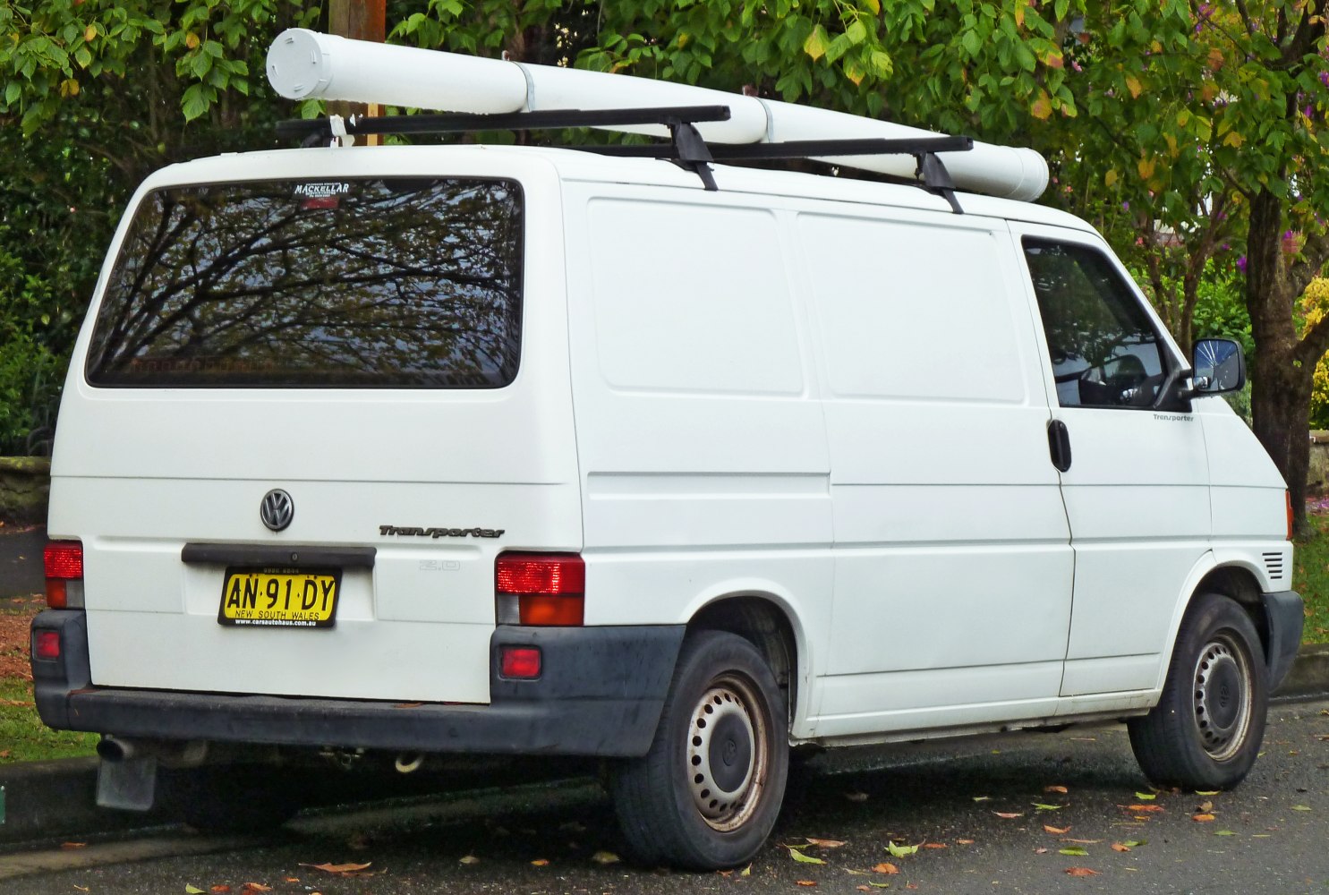 White panel van with roof rack, rear view
