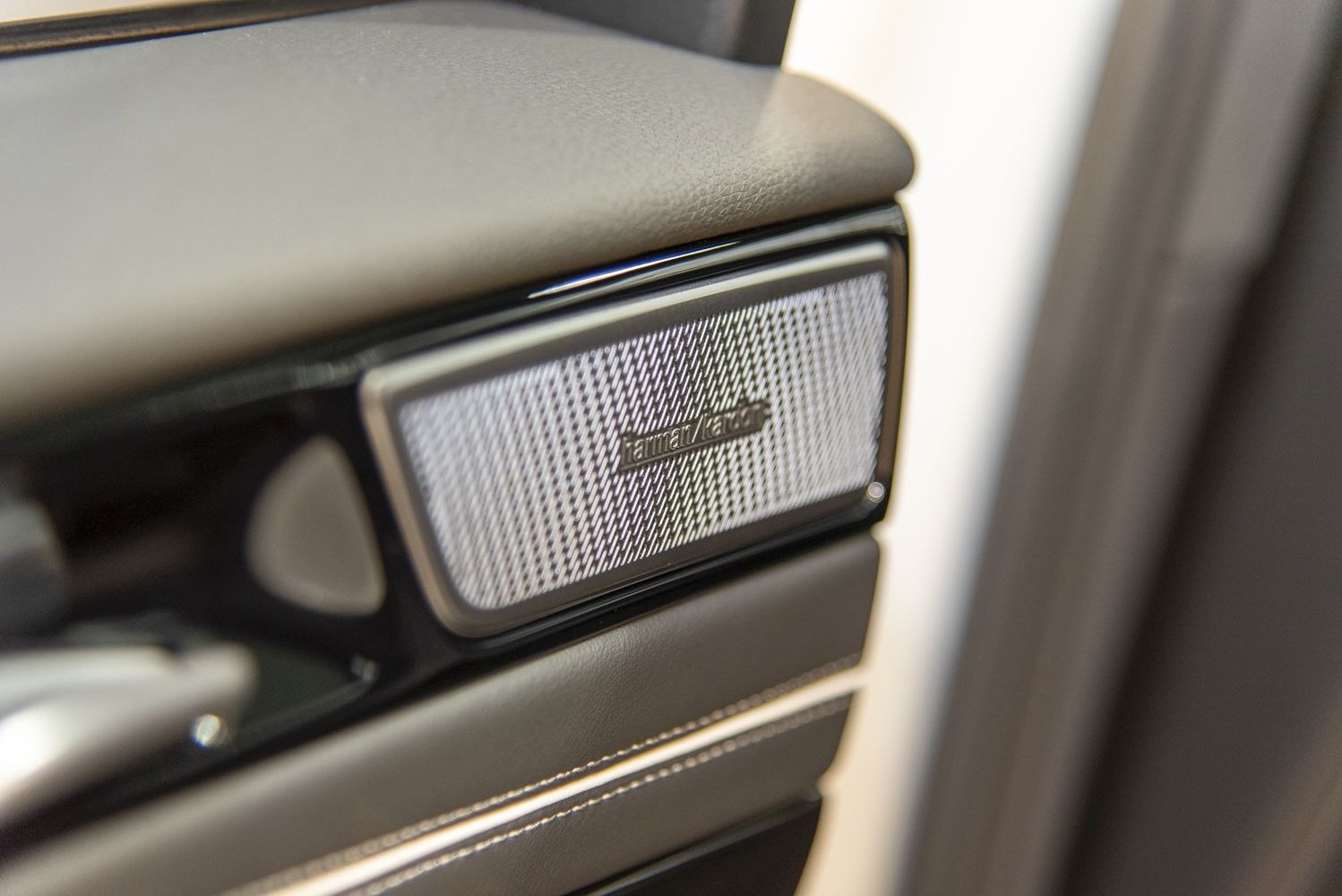 Close-up of Harman Kardon speaker on car interior door panel