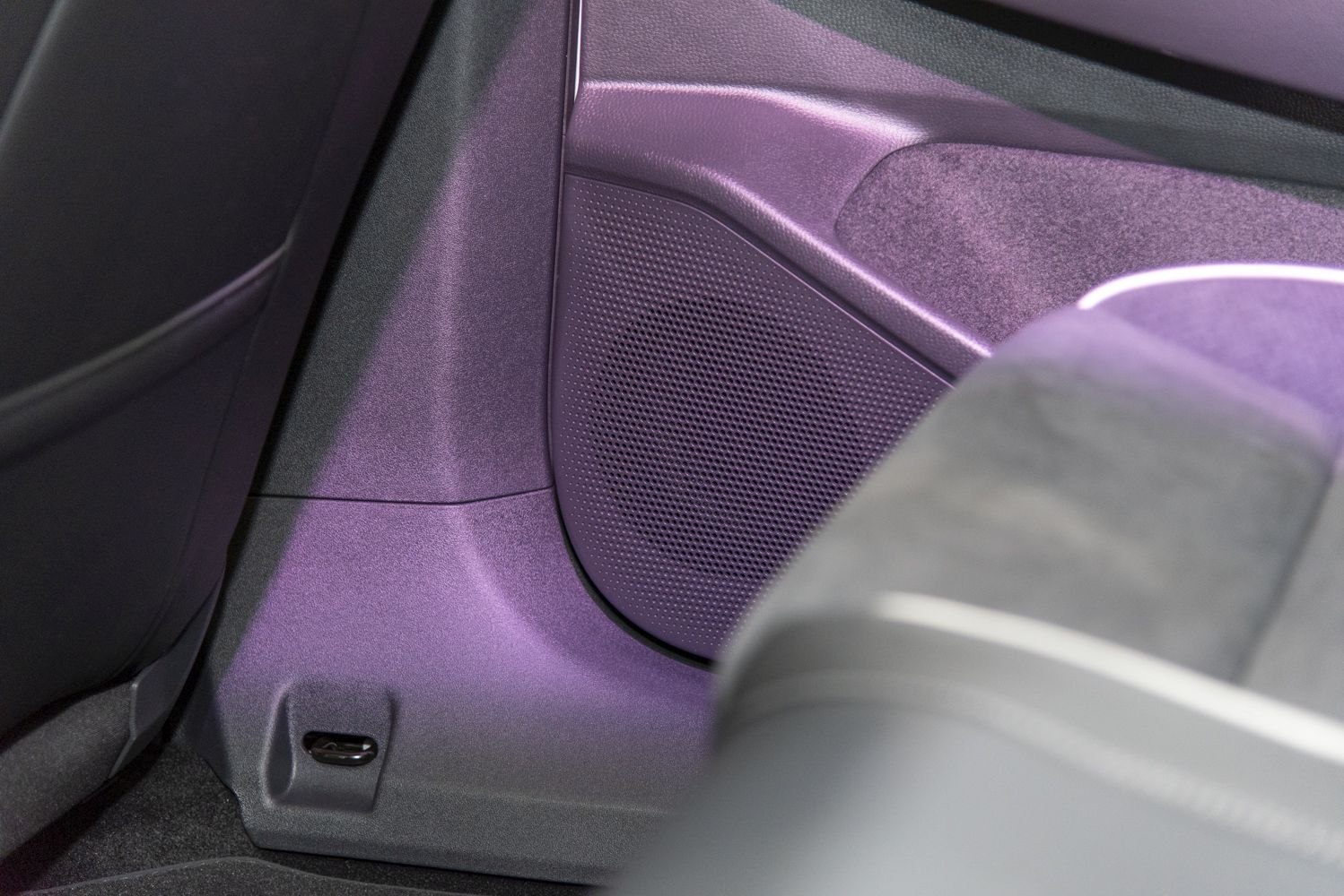 Rear interior speaker and upholstery panel close-up