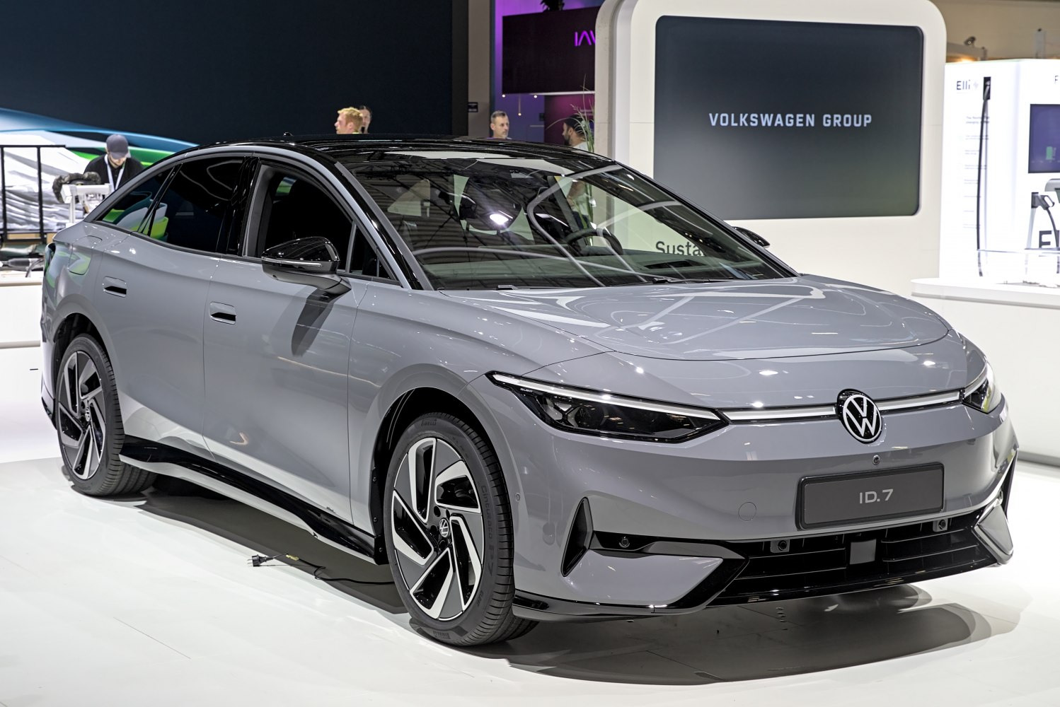 Electric sedan with aerodynamic design and LED headlights