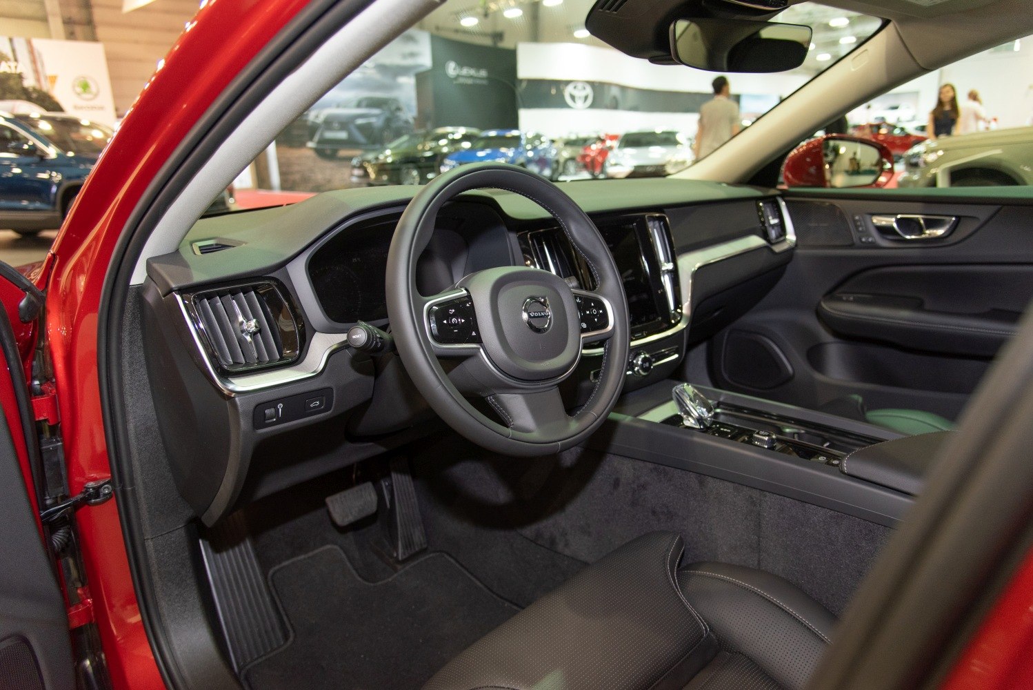 Modern dashboard and steering wheel interior with center console