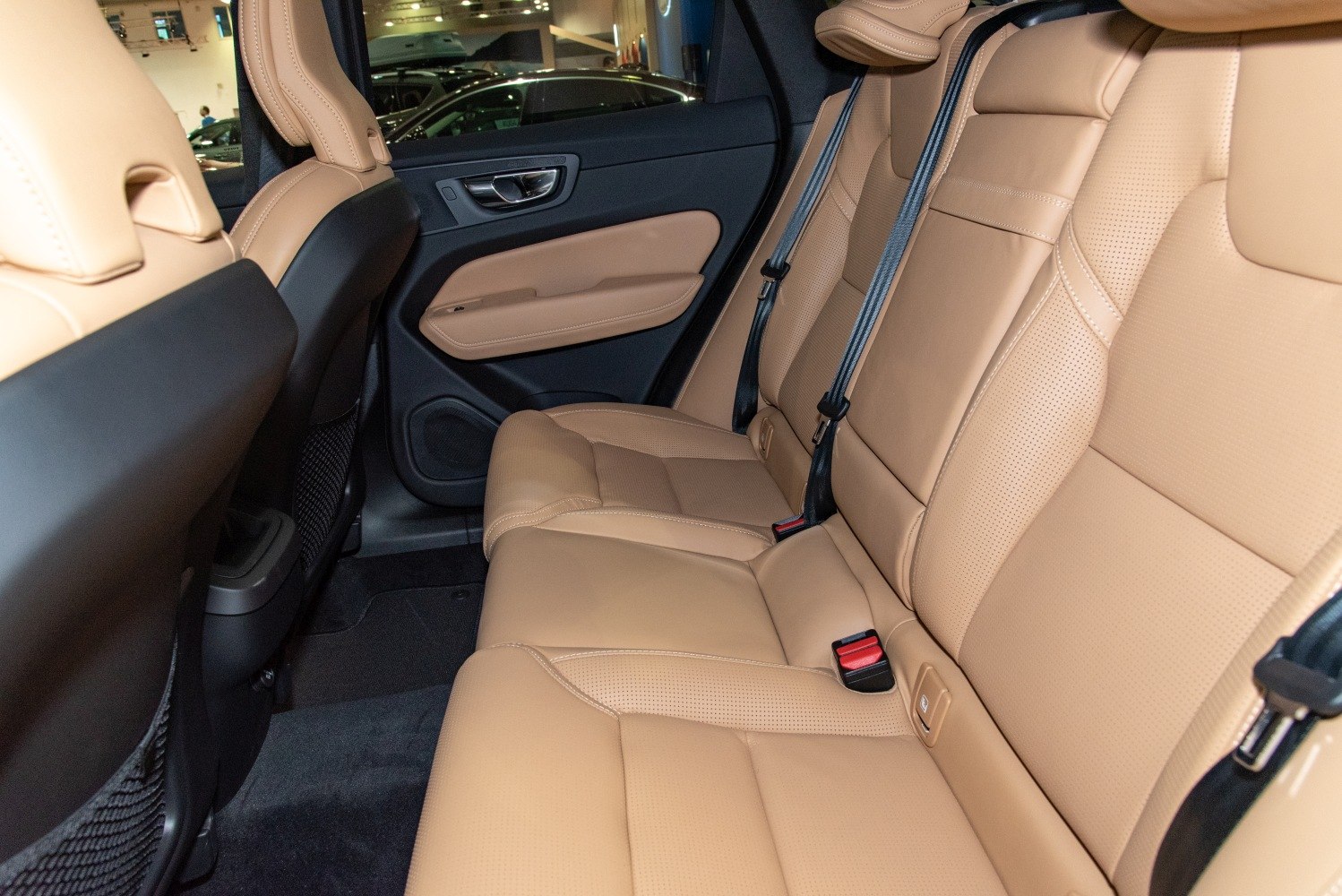 Tan leather rear seats with seat belts and door panel