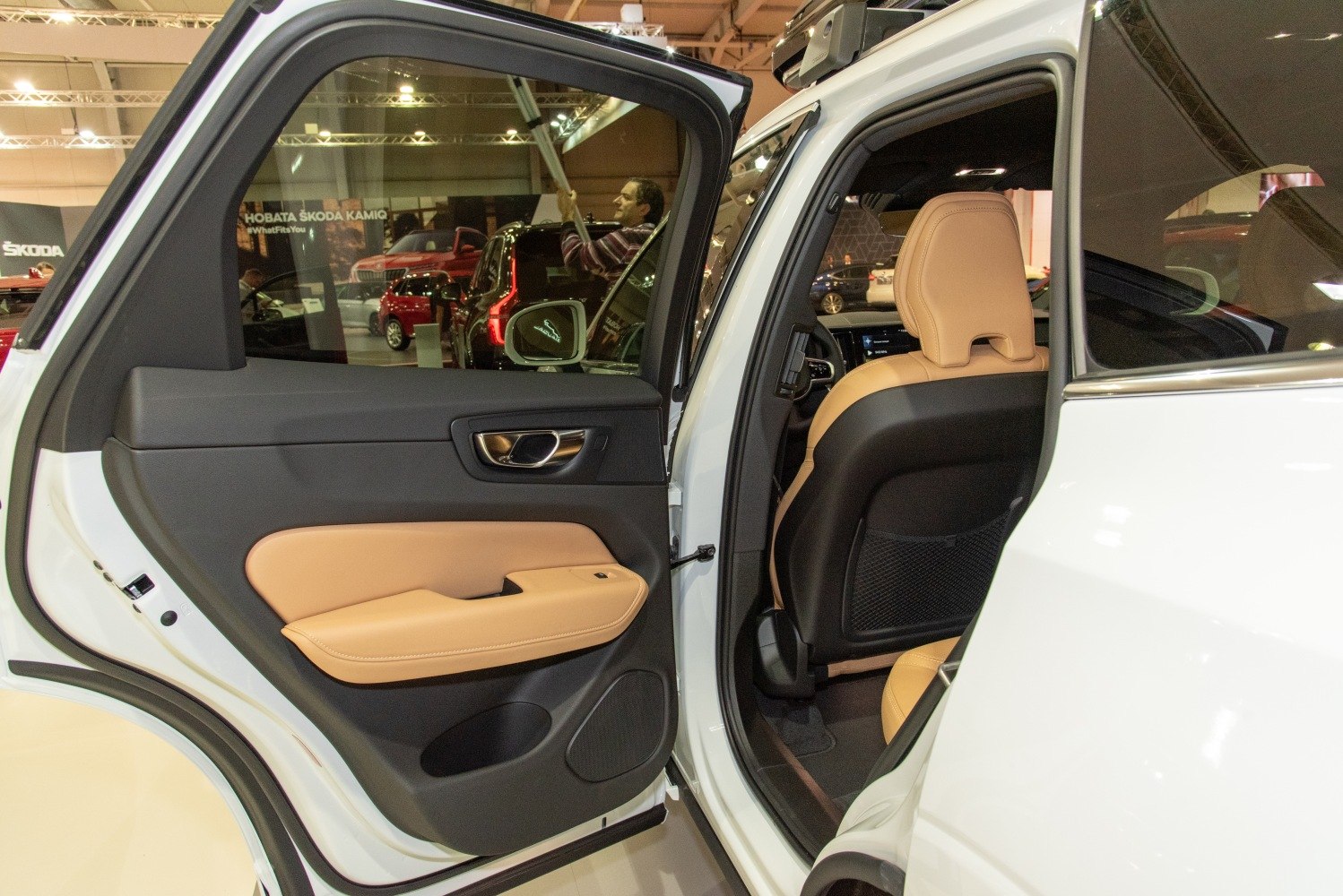 Rear door interior with tan leather panel and rear seat upholstery.