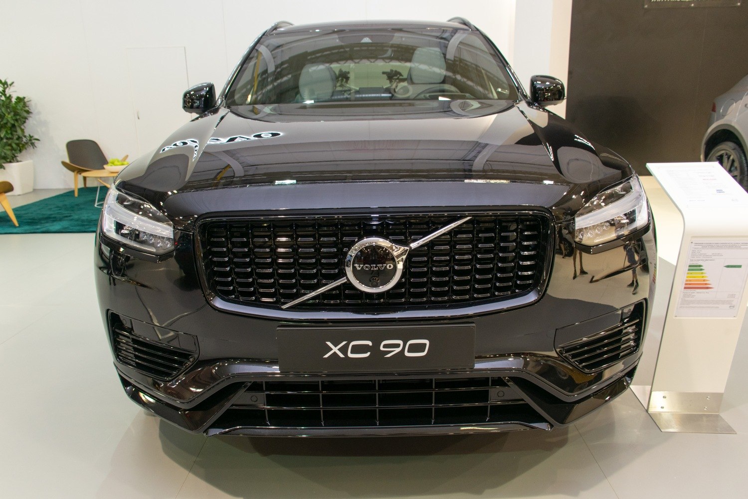Front grille with Volvo badge and LED headlights of SUV