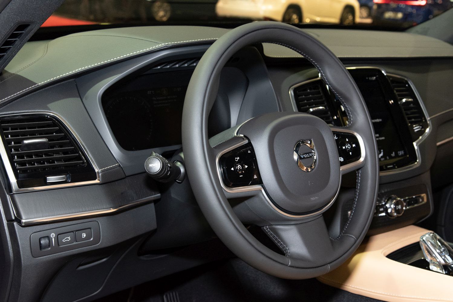 Steering wheel and digital dashboard in modern car interior