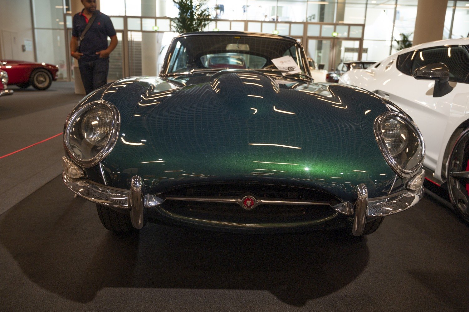 Front view with elongated hood and round headlights