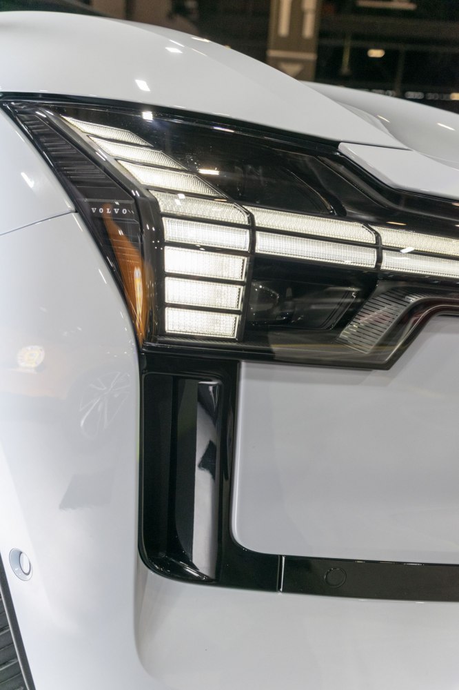 Close-up of modern front LED headlight with distinct geometric design