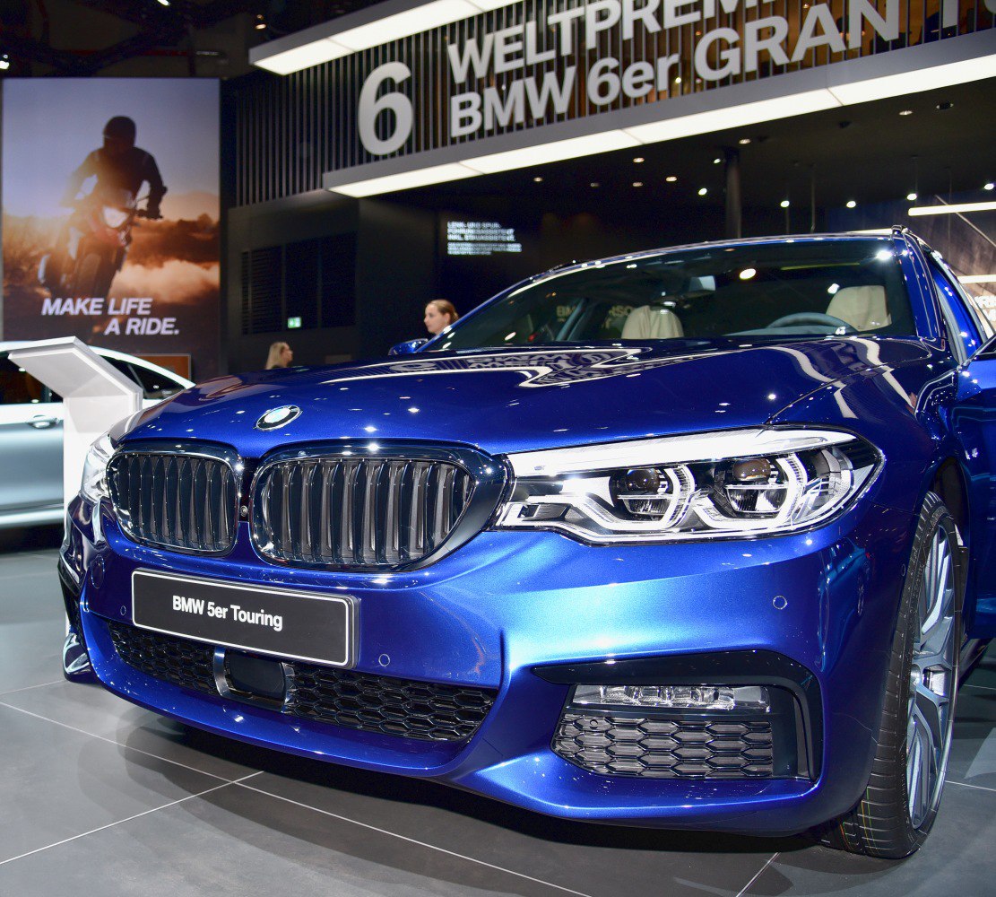 Close-up of front grille and LED headlights on luxury touring wagon