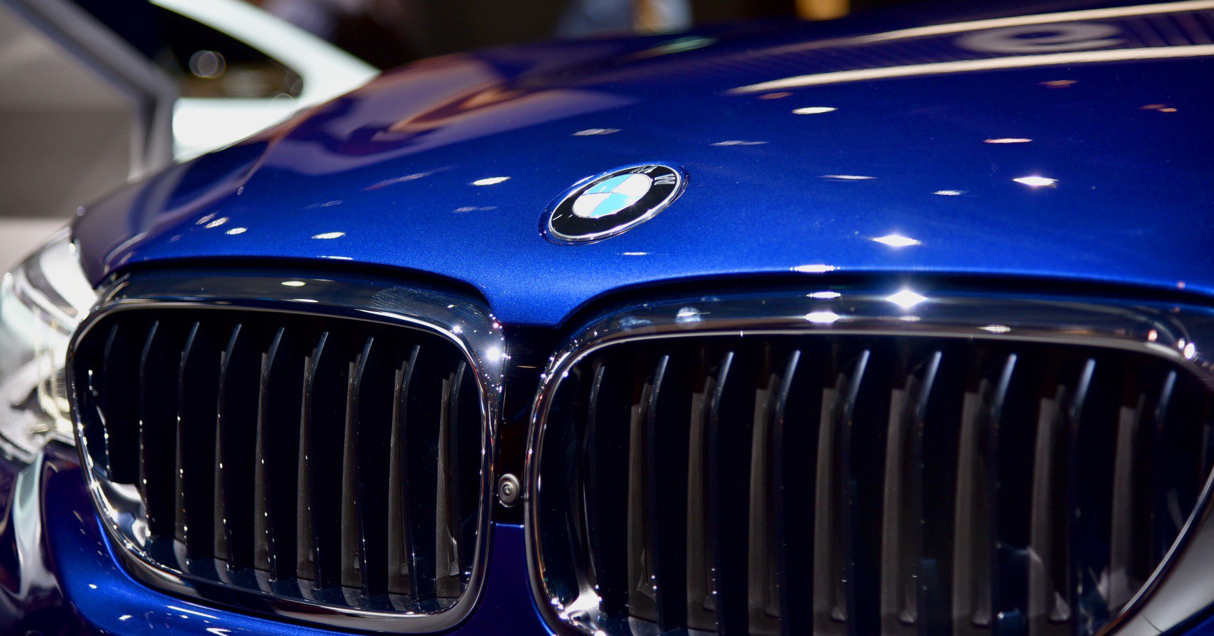 BMW kidney grille and hood emblem close-up in blue paint