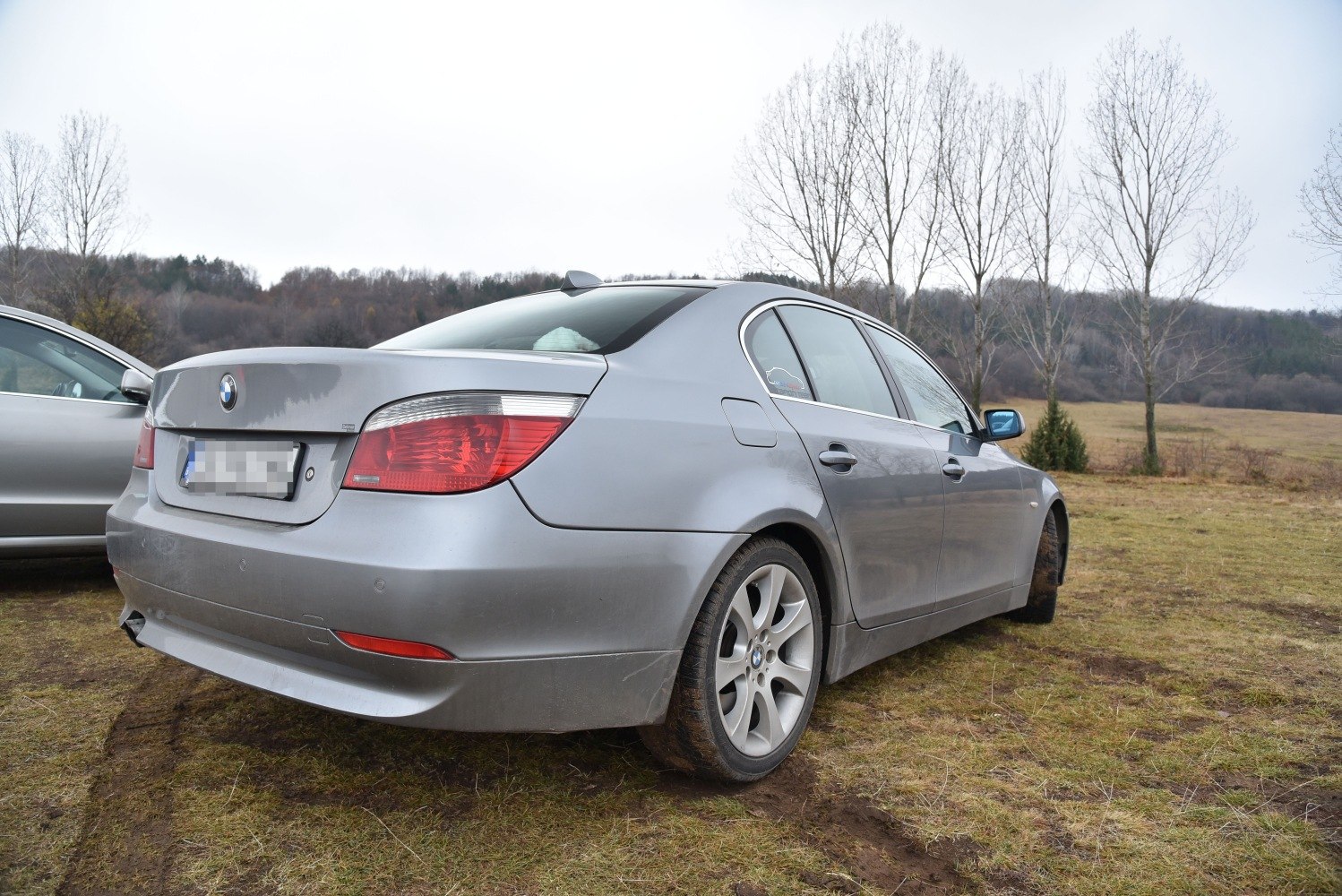 Rear and side view of a silver sedan with alloy wheels on grassy terrain