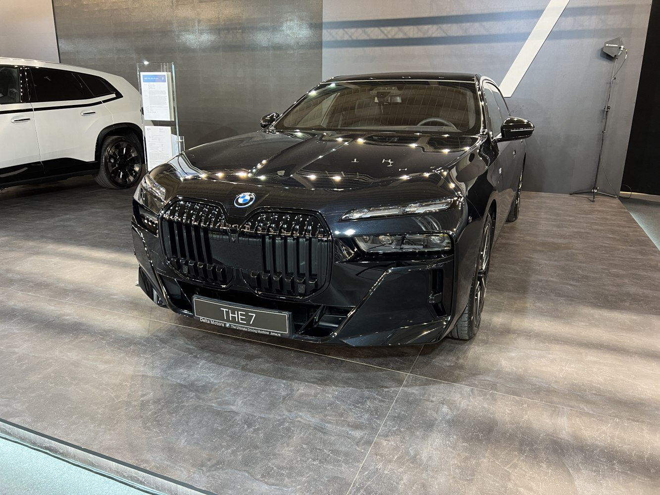 Front view with large kidney grille and slim headlights