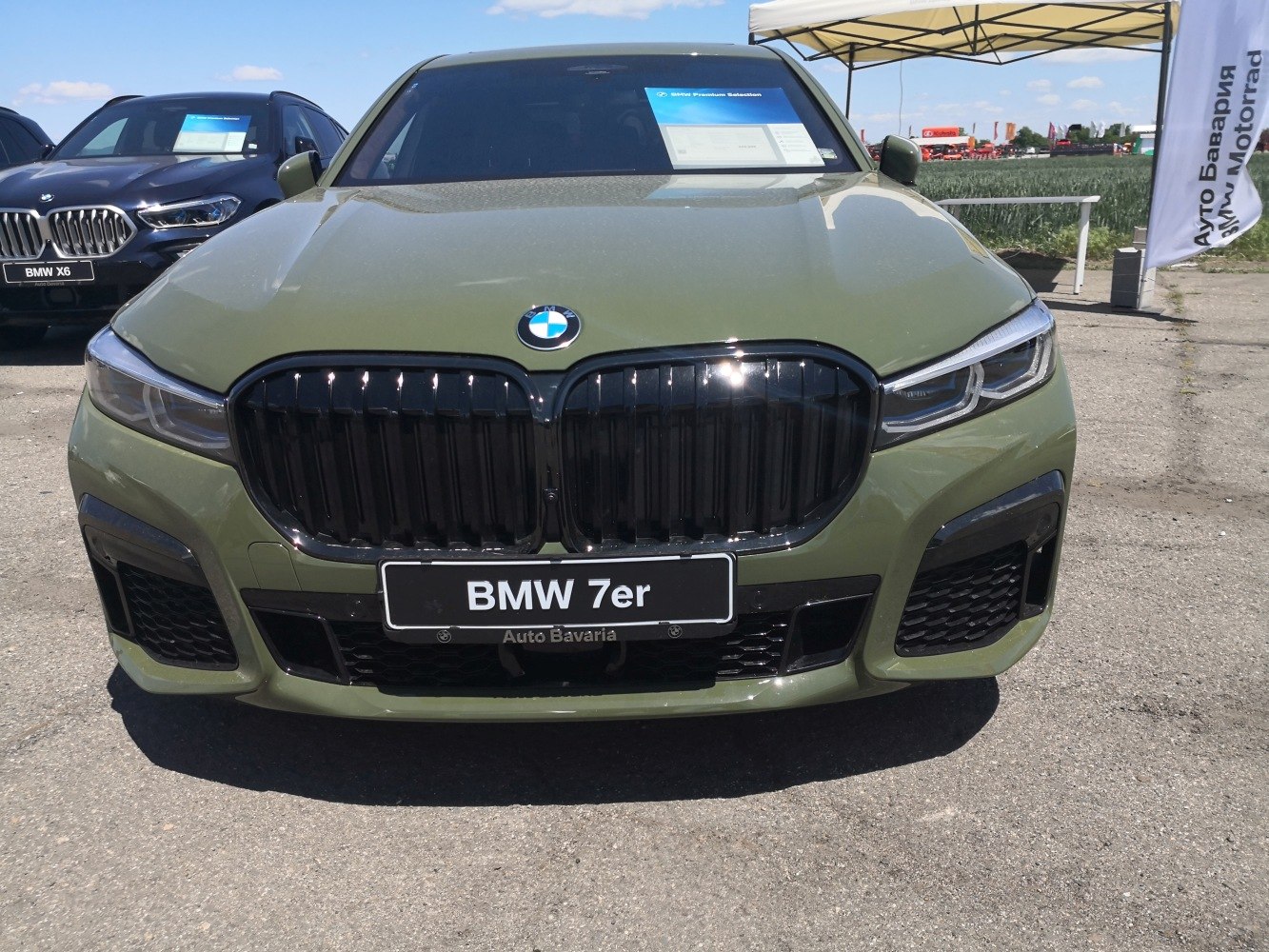 Close-up of a distinctive large front grille and LED headlights