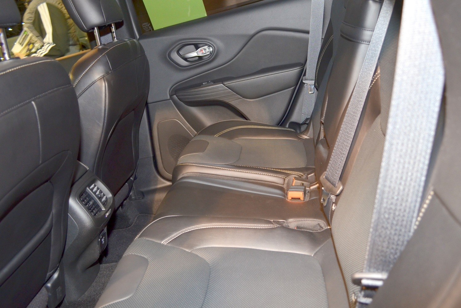 Leather rear passenger seats with seat belts and door panel