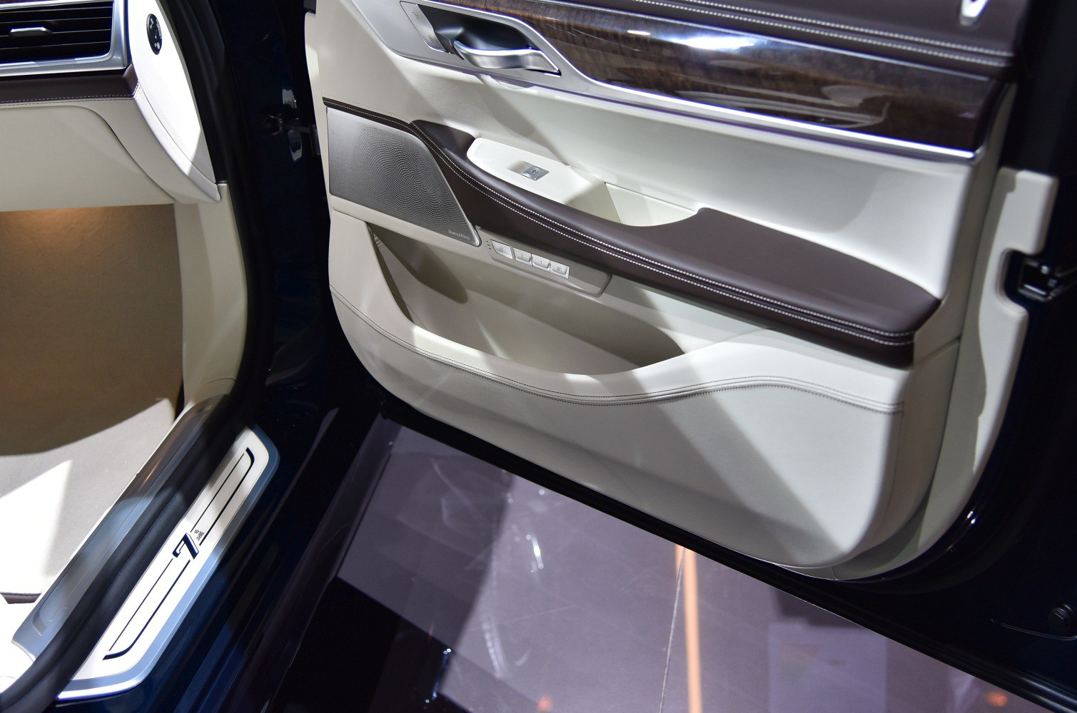 Luxury door panel with wood trim, leather, and control buttons