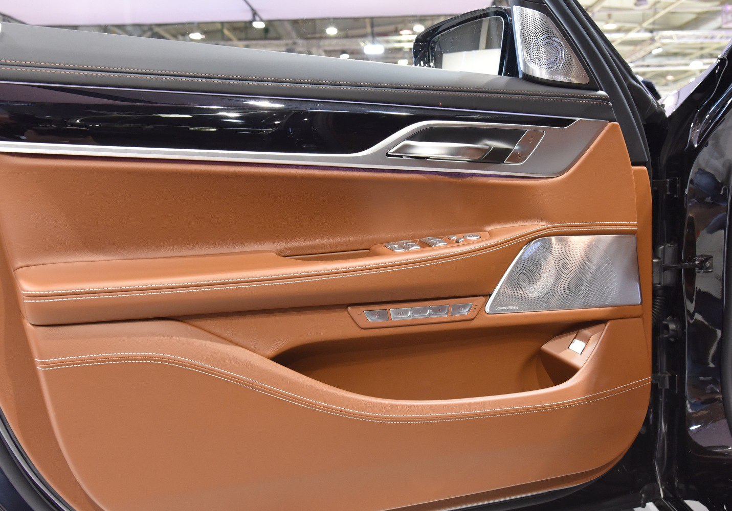 Luxury leather door panel with power controls and premium sound speakers