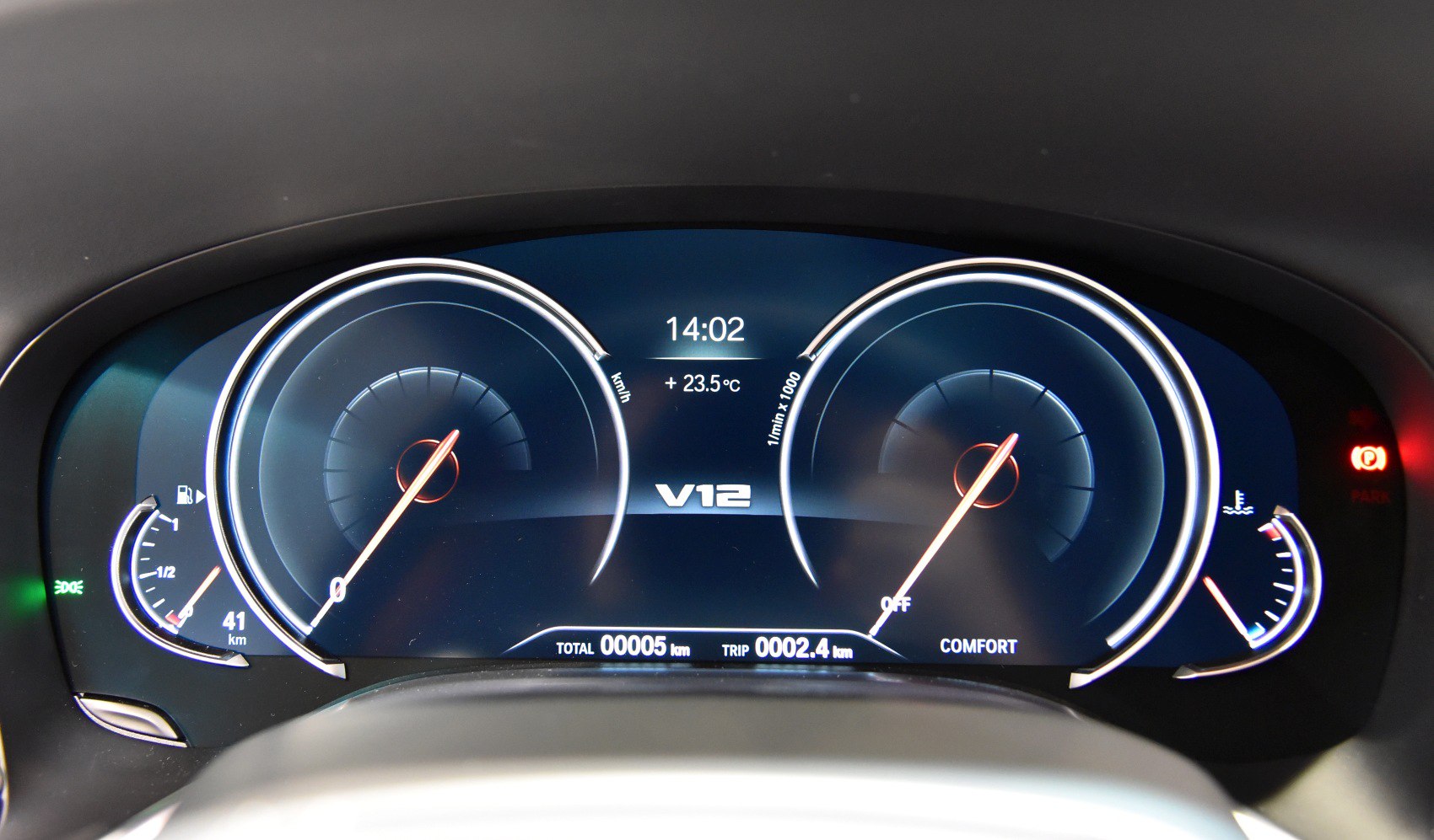 Digital instrument cluster with V12 engine info and gauges
