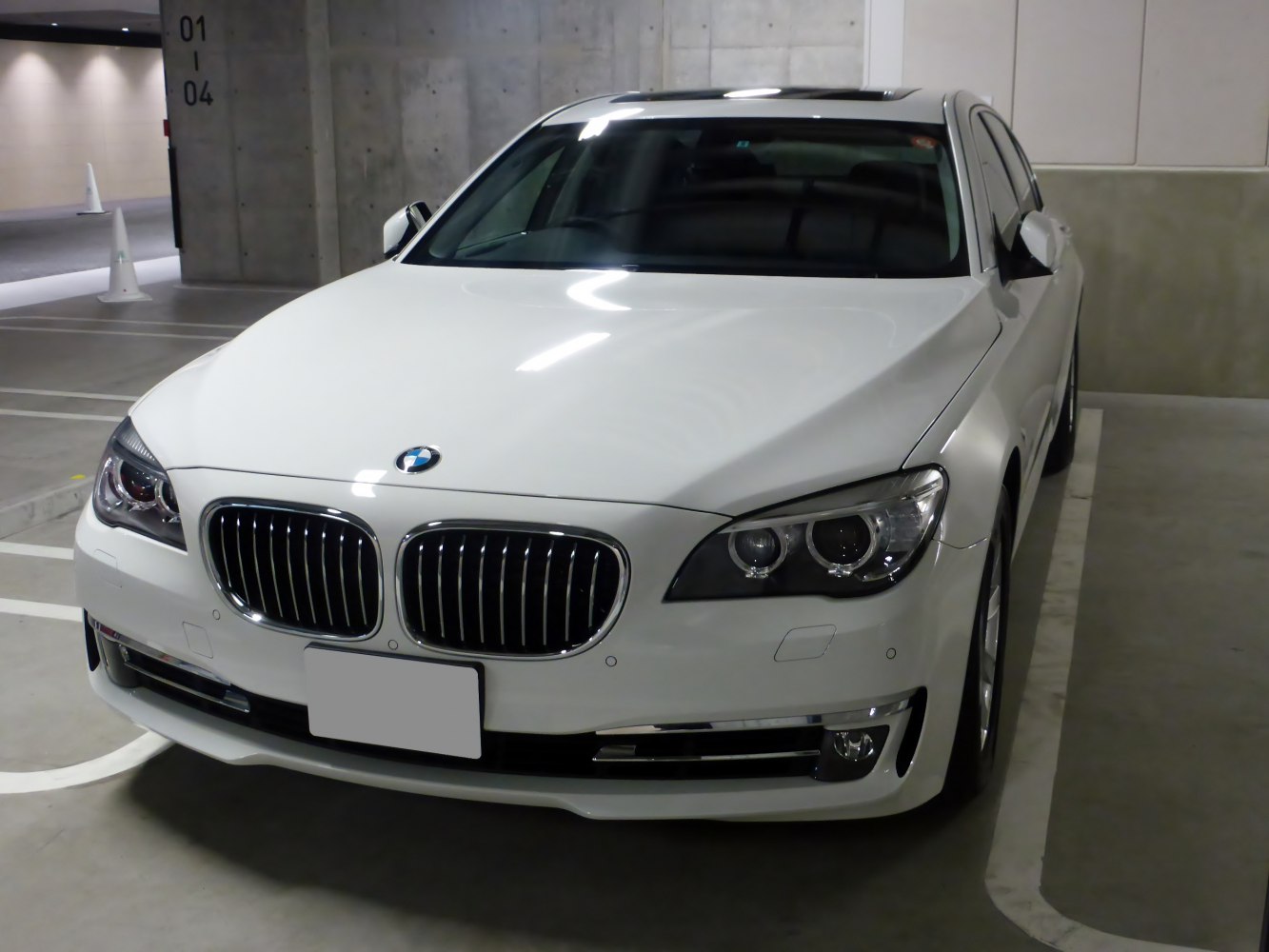 Front view with kidney grille and dual headlights of luxury sedan