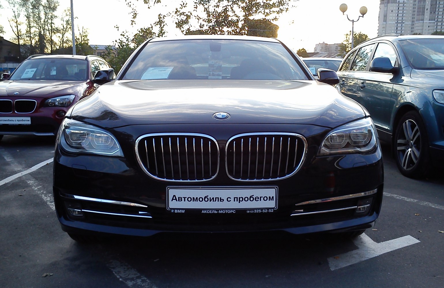 Front view with kidney grille and headlights of luxury sedan