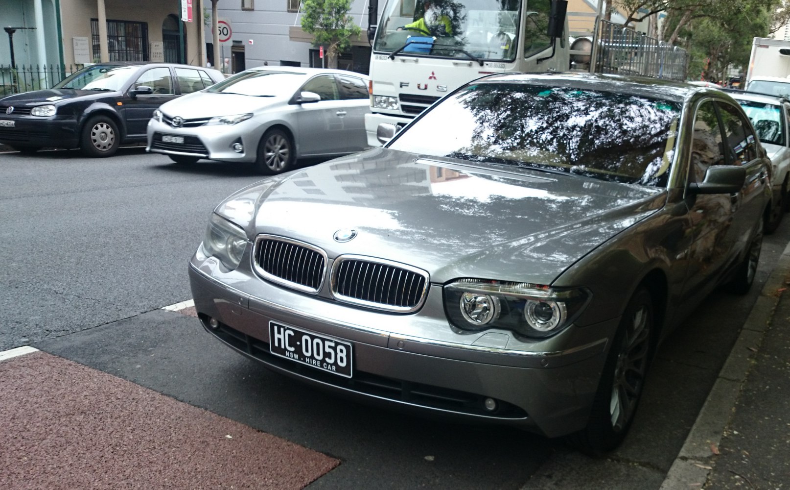 Front view with kidney grille and dual round headlights