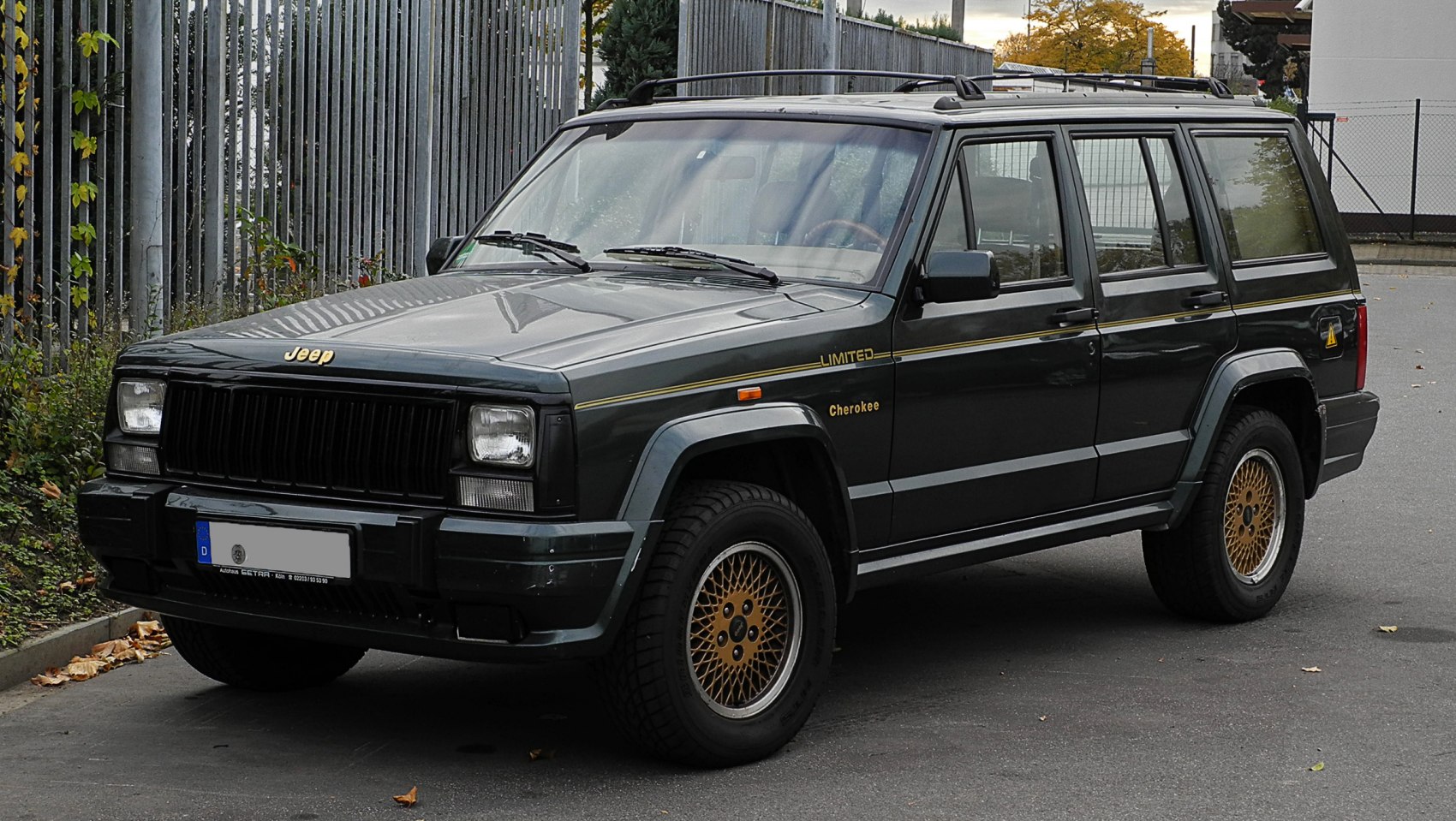 Boxy 5-door SUV with gold mesh wheels and roof rails