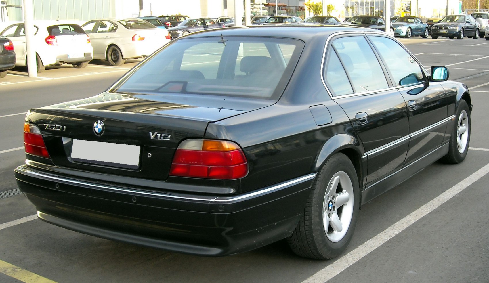 Rear view of a black sedan with V12 badge.