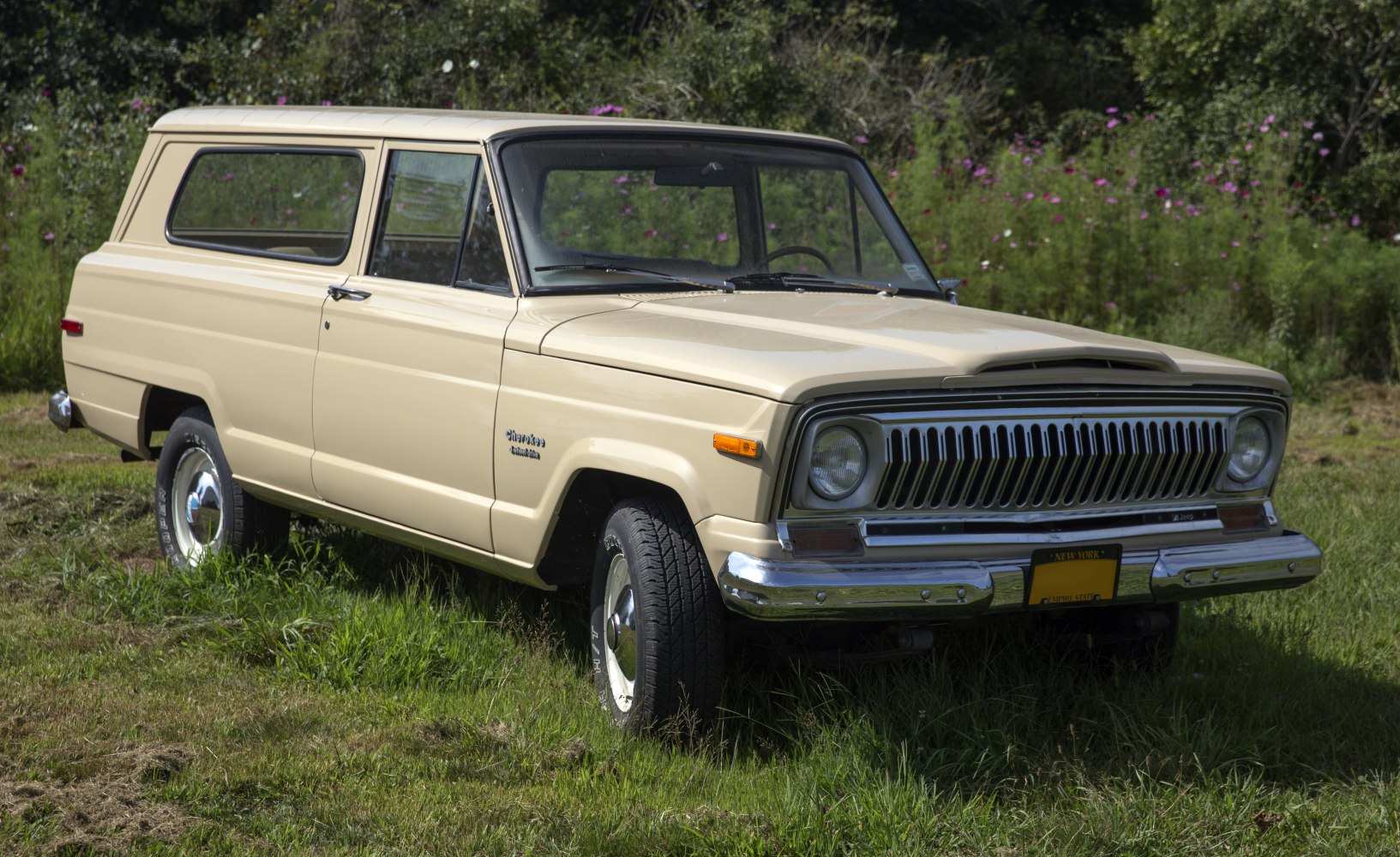 Beige vintage SUV with unique front grille and 3-door body style