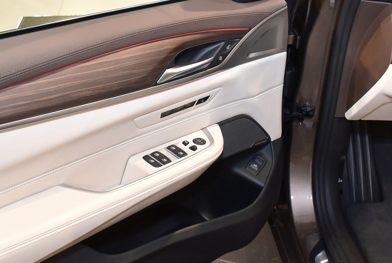 Interior door panel with wood trim and control buttons