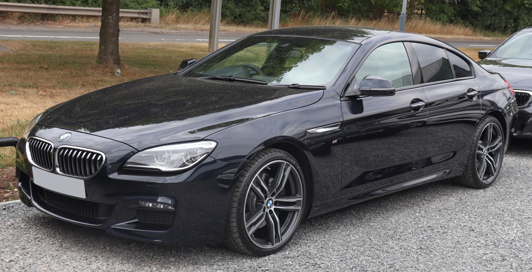 Front side view of a luxury coupe with sporty alloy wheels