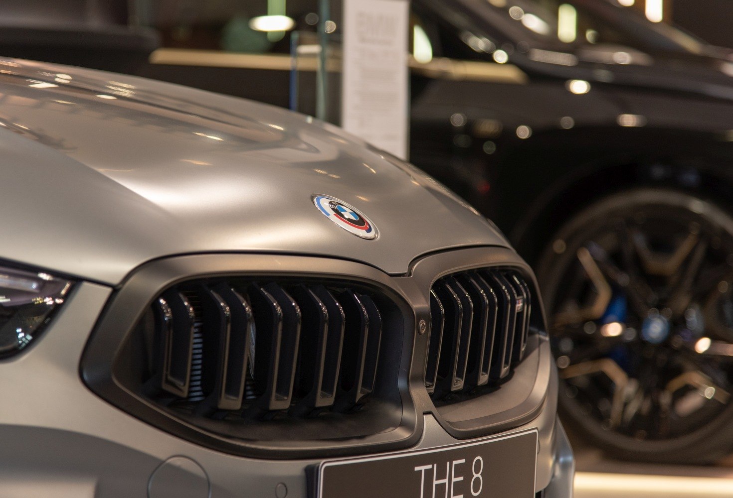 Close-up of BMW kidney grille and emblem on front fascia.