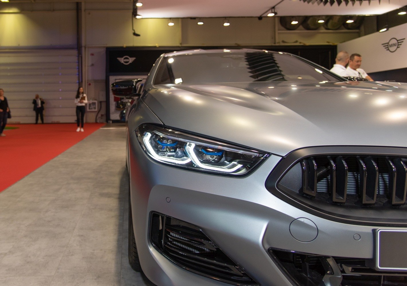 Front LED headlights and kidney grille in close-up