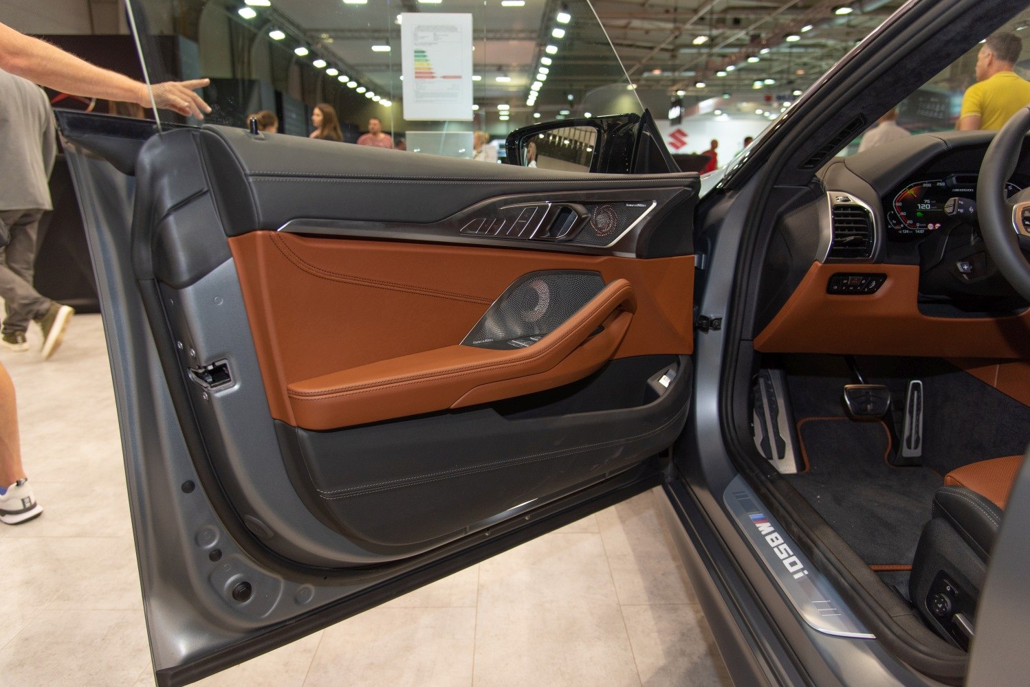 Interior door panel with brown leather and advanced driver controls