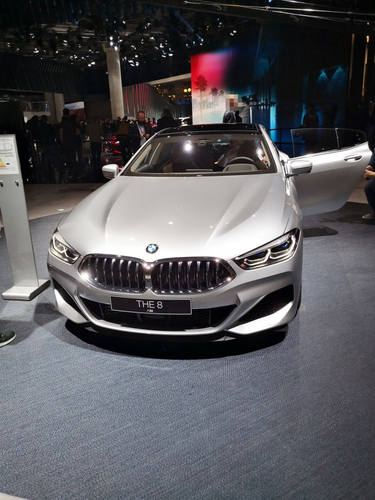 Front grille, headlights, and open driver door of luxury sedan.