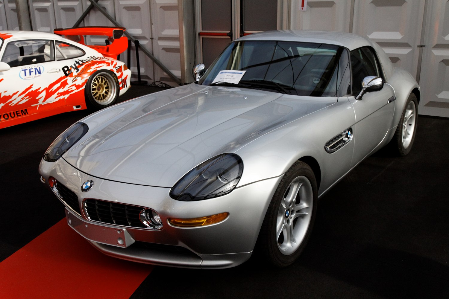 Silver roadster with sleek body and iconic BMW front grille